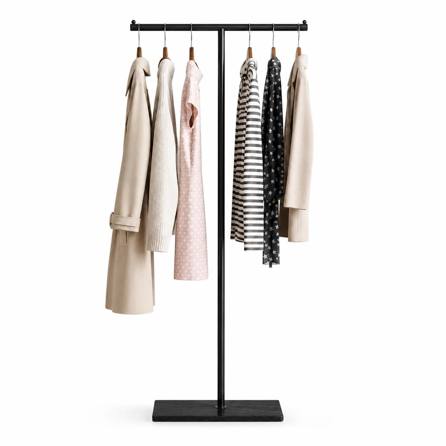 GOOGO T-Shaped Coat Rail Freestanding, Heavy Duty Metal Clothes Rack with Stone-Effect Base, 175 cm Modern Coat Stand for Hallway, Entryway, Bedroom