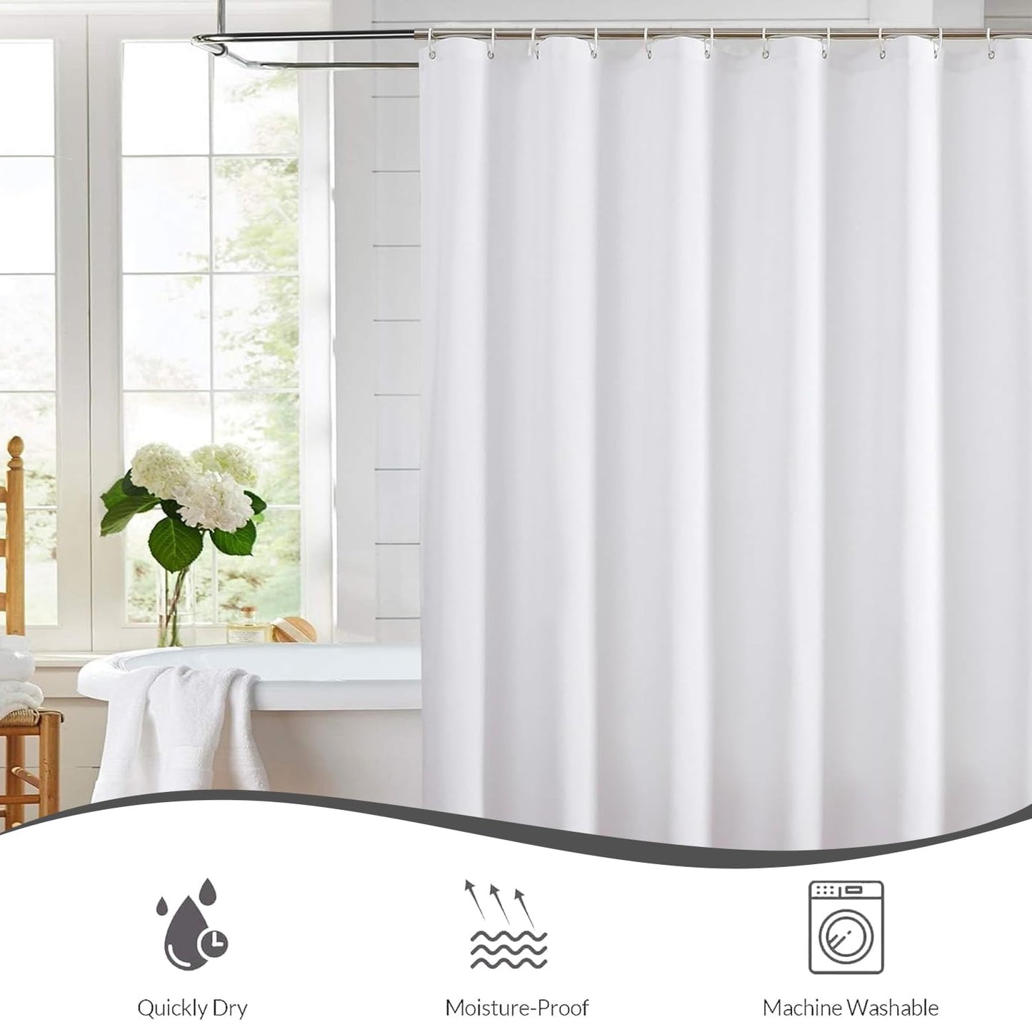 hjwanyin Shower Curtain, Long Shower Curtain Made of Mould PEVA, Stylish and Water Repellent Shower Liner for Bathroom (White, 180 * 200cm)