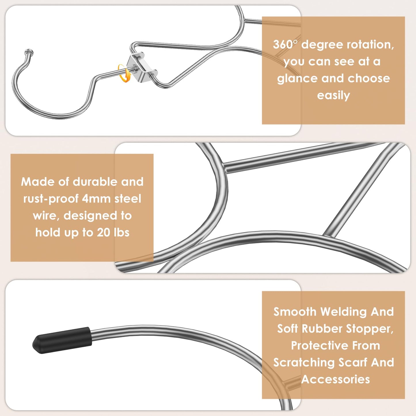 2 Pcs Scarf Hanger with 12 Hooks Metal Hanging Organiser Storage Belt Ties Scarves 360°rotating Scarf Rack Space Savers Closet Scarfs Holder Foldable