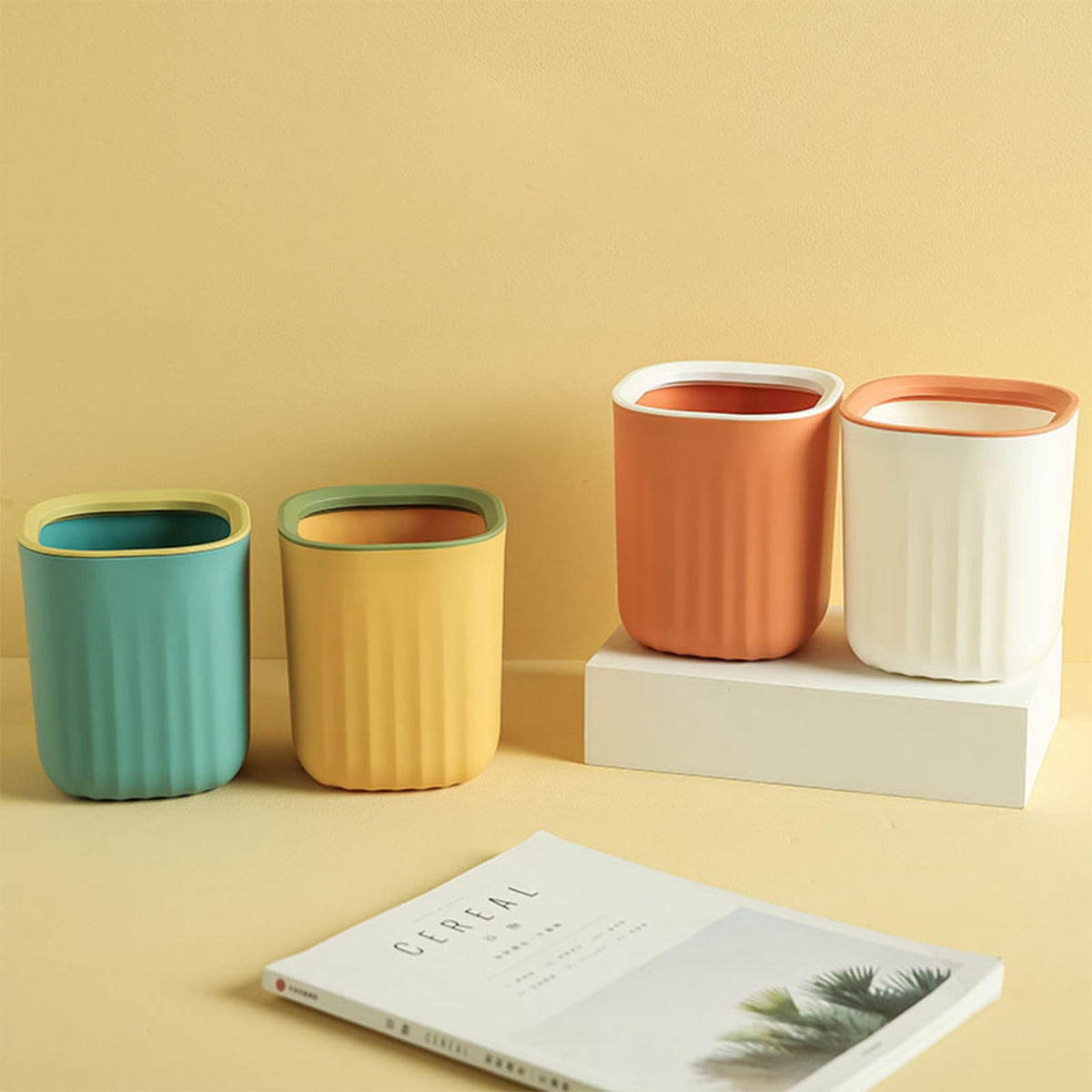 4PCS Mini Desktop Trash Bin, Colourful Wastebasket Bathroom Bins with 8 Rolls Bin Liners, Small Plastic Tea Bag Trash Can 12.5*12.5*15cm