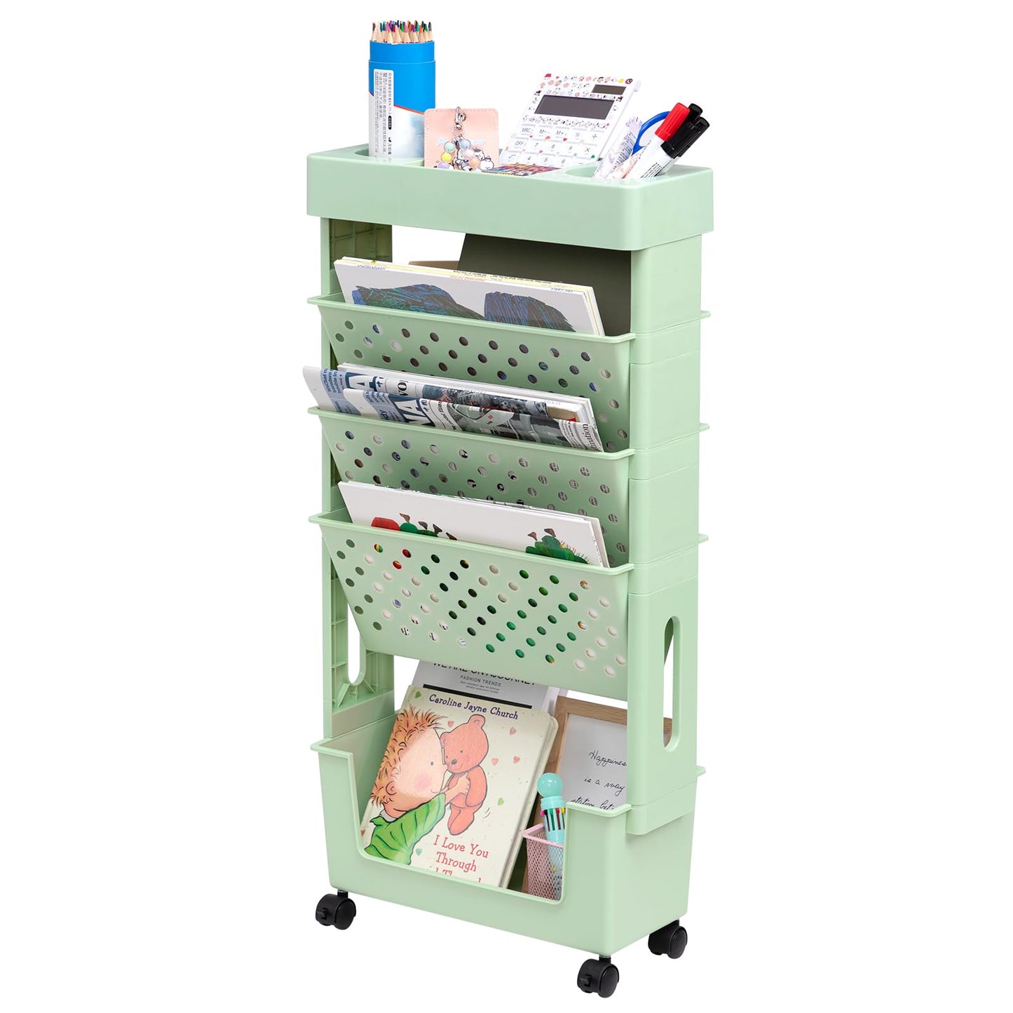 DOEWORKS Mobile Bookshelf with Wheels Small Rolling Book Storage Trolley Craft Trolley Art Trolleys 5-Tier Slim Bookcase Movable Bookshelf for Living