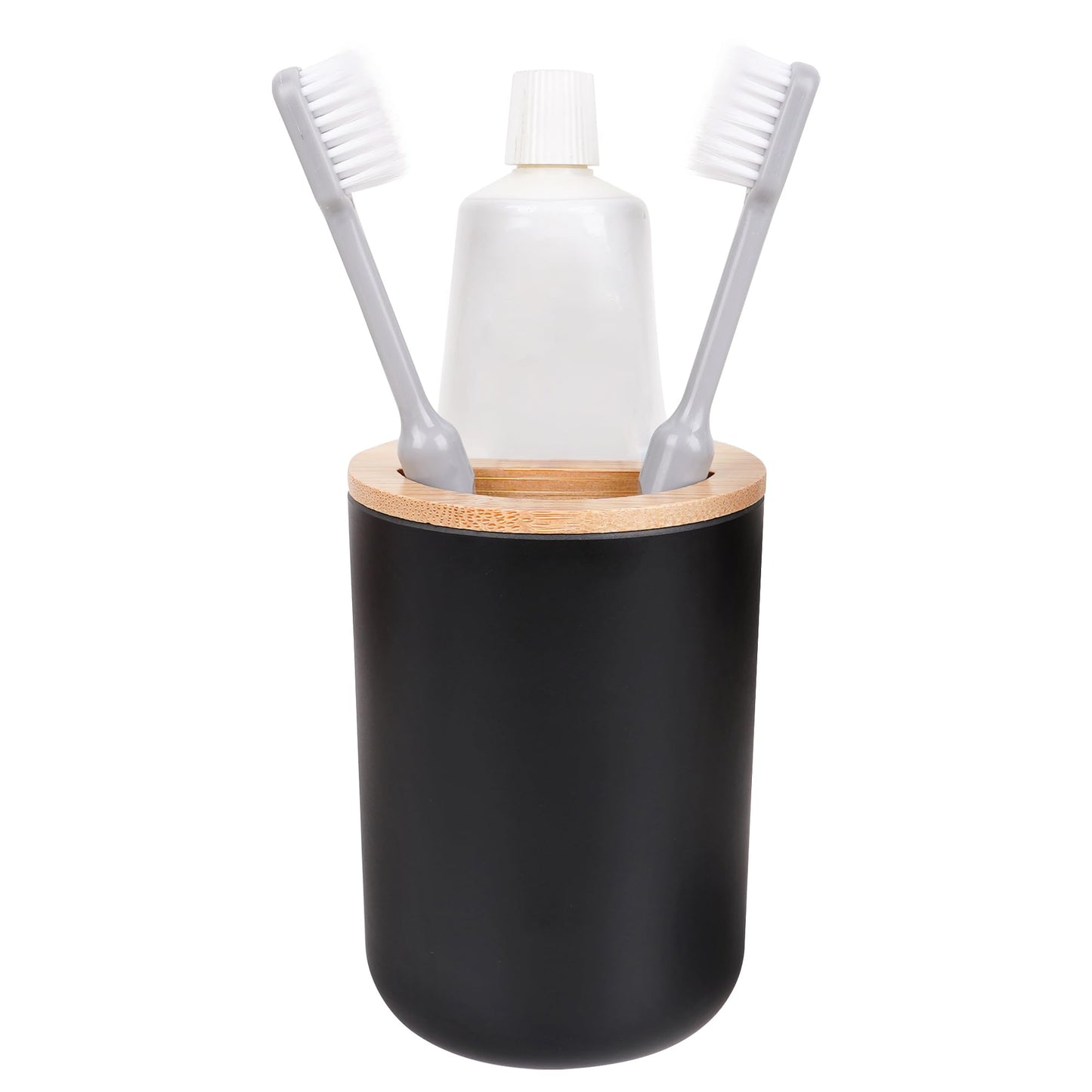 Adorila Black and Wood Toothbrush Holder - Round Bamboo & Plastic Bathroom Organizer - Small Toothpaste Caddy - Modern Decor