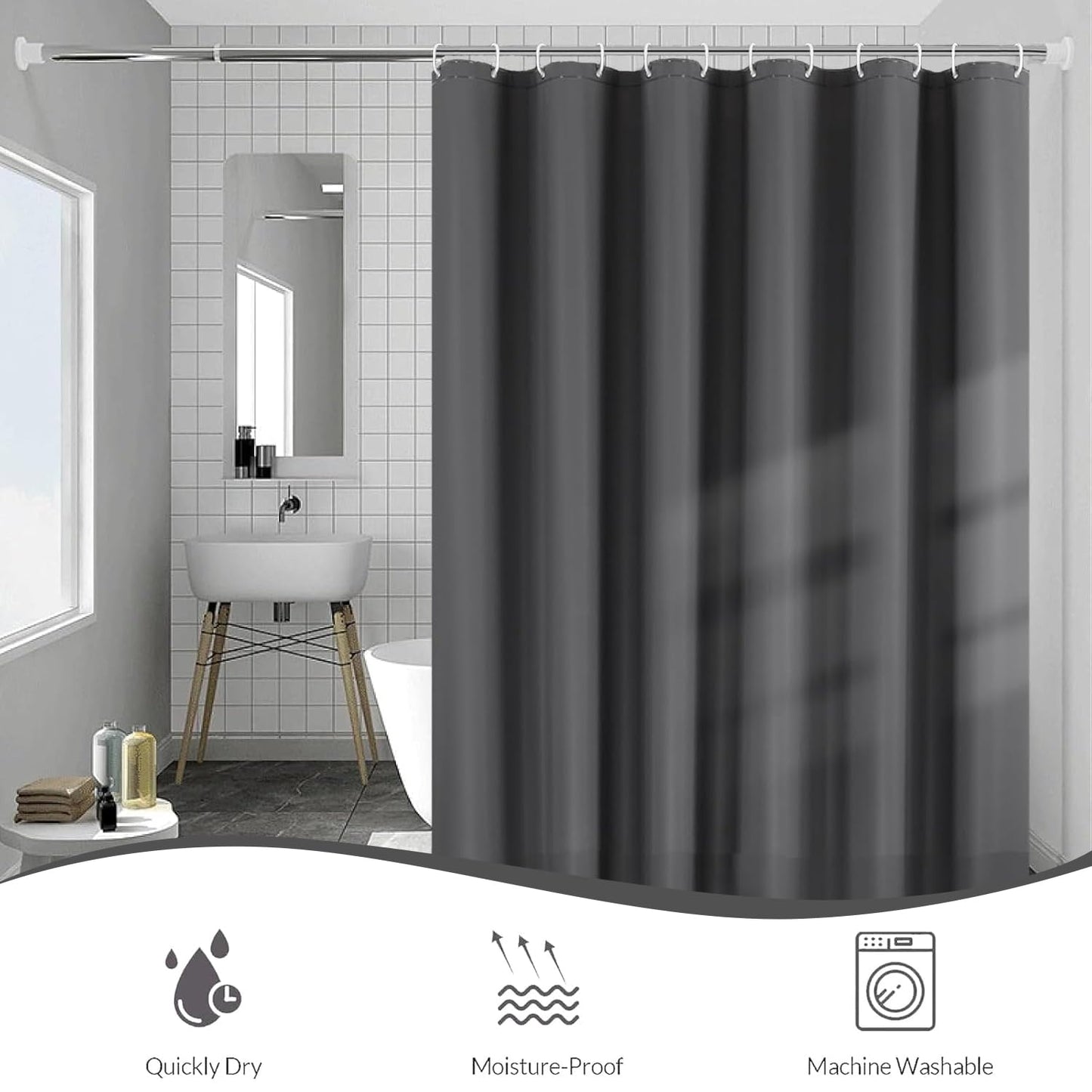 hjwanyin Shower Curtain, Long Shower Curtain Made of Mould PEVA, Stylish and Water Repellent Shower Liner for Bathroom (Grey, 180 * 200cm)