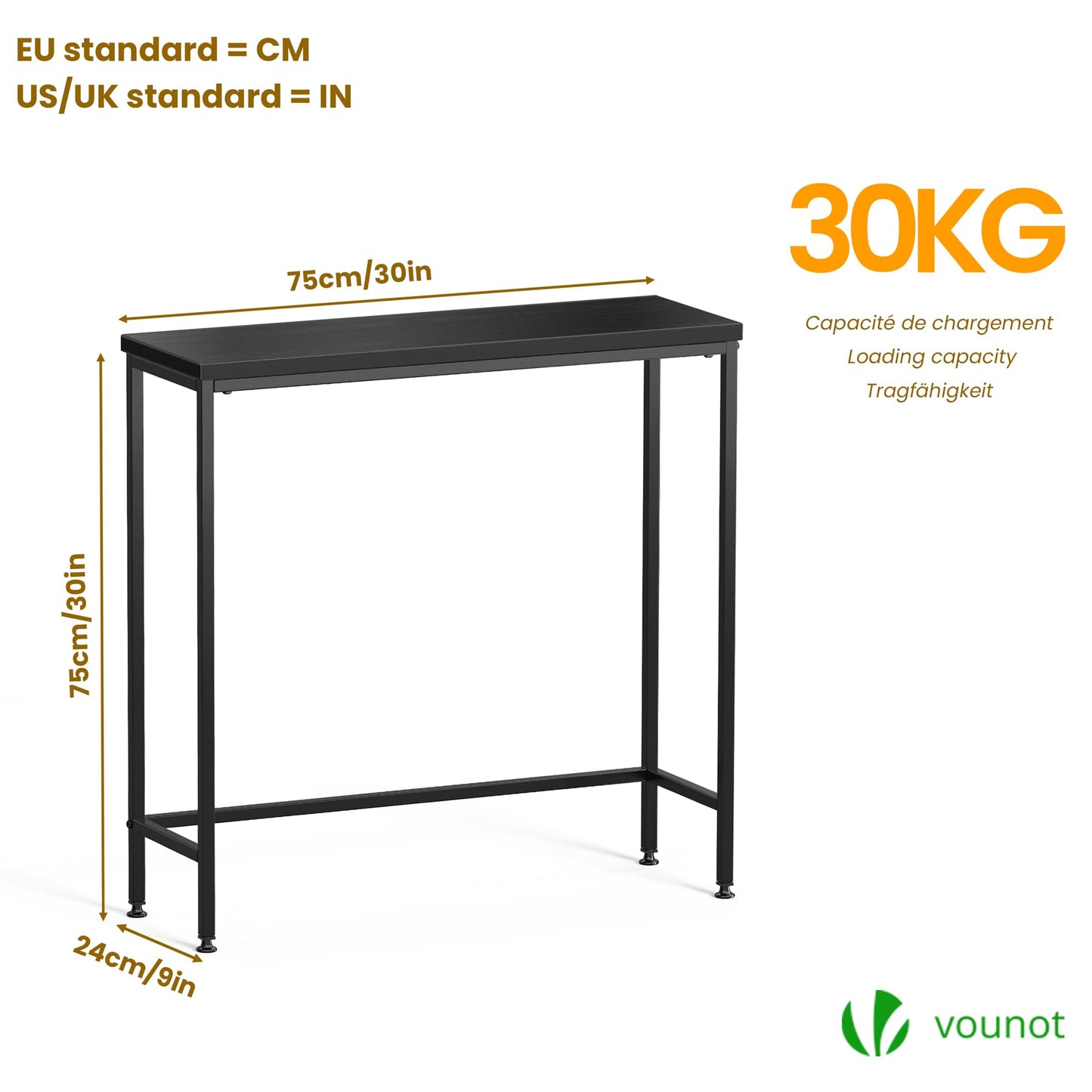 VOUNOT® Slim Console Table, Metal Frame Entryway Table, Small Sofa Side Table for Hallway, Living Room or Bedroom, 75x24x75 cm, Black
