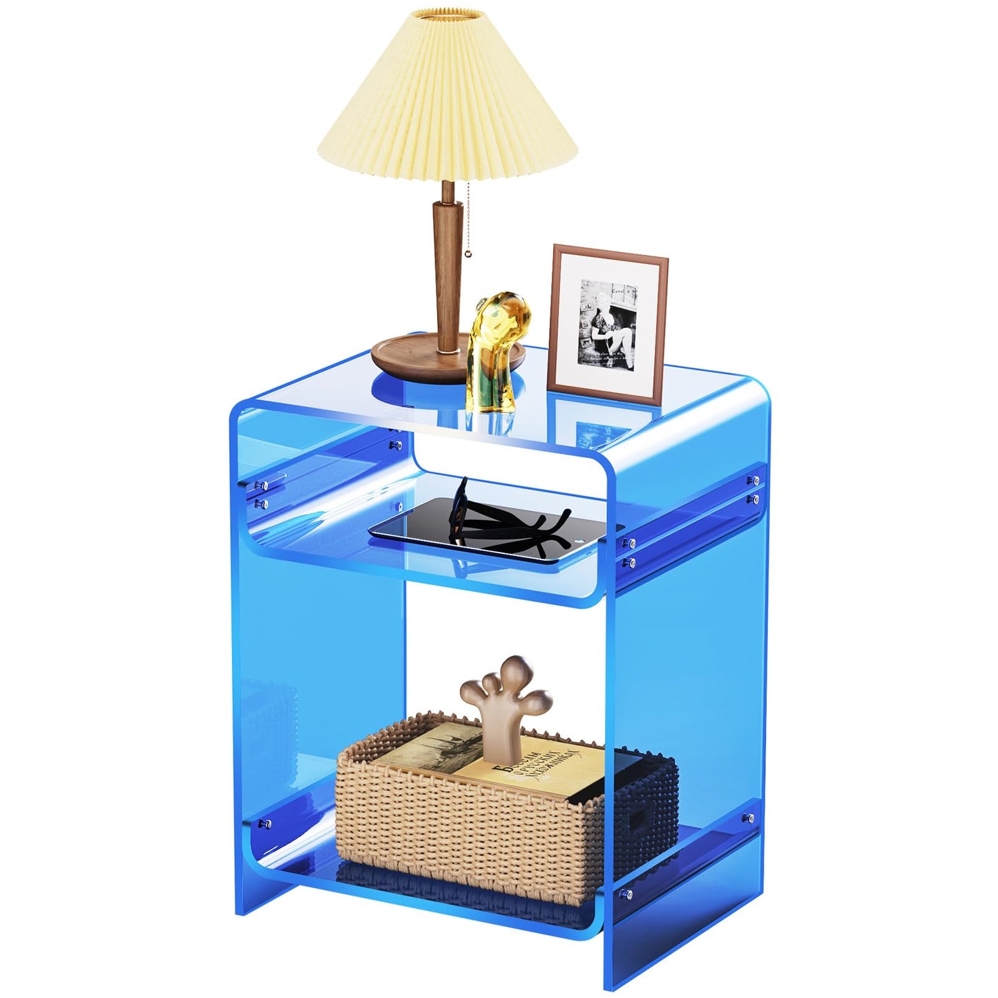 Acrylic End Table with Storage Shelf, Clear Side Table, Record Player Table, Nightstand, 15.7x19.7x11.8 (Blue, 40×30×50 cm)