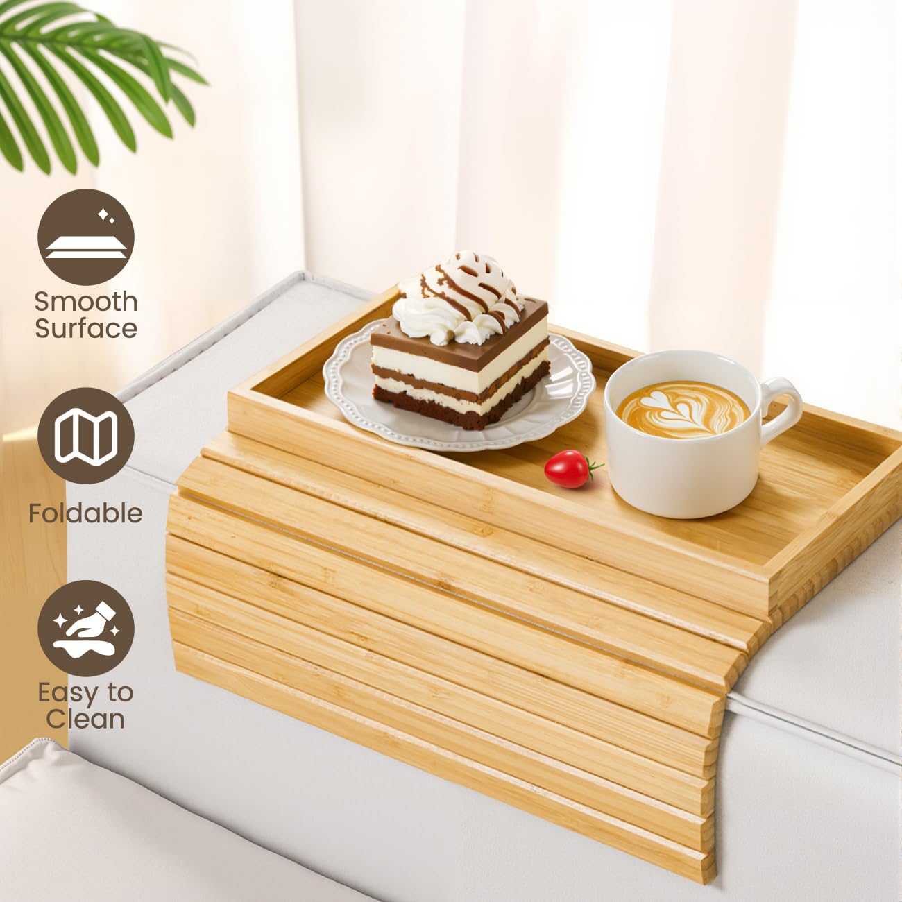 Kssiaz Couch Arm Tray, Bamboo Sofa Tray Table for Couch, Sofa Armrest Table, Anti-Slip Armrest Organizer, Foldable Cup Holder for Snacks, Phone