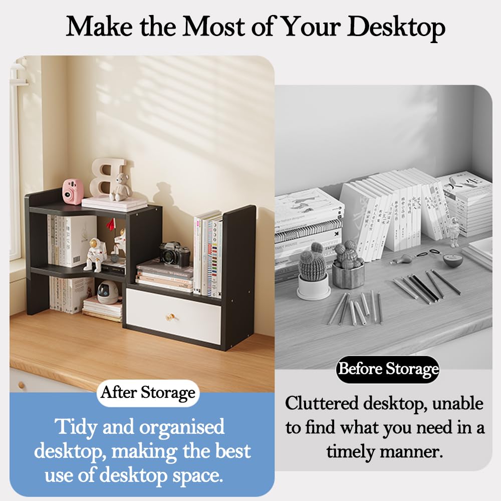 Expandable Desktop Bookshelf, Freestanding Adjustable Office Storage Rack
