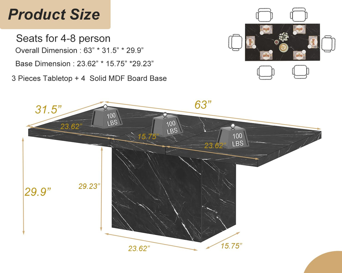HSH Dining Table Modern Rectangle Kitchen Dinner Table 160cm Black Marble