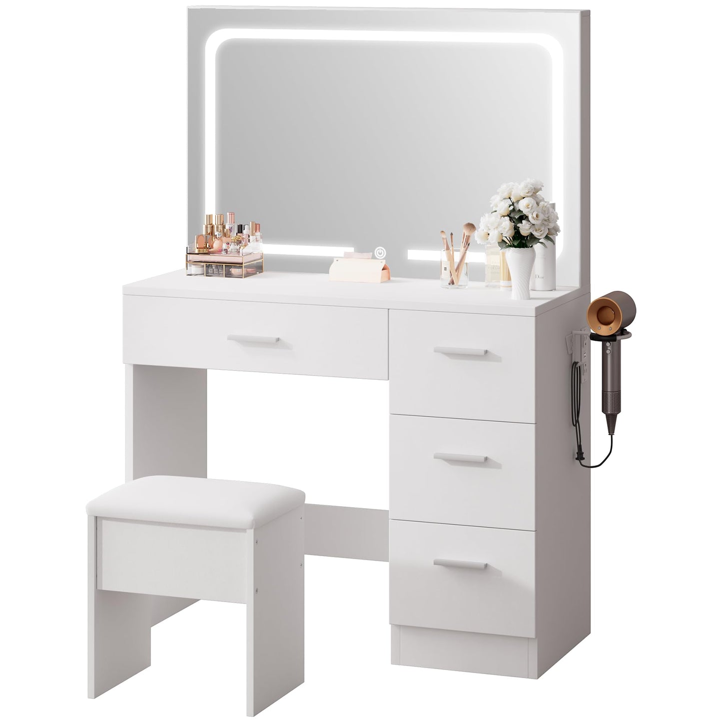 LIVELYGLOW Dressing Table with Smart LED Mirror & Power Outlet, 90cm White Makeup Vanity Desk Set with 4 Drawers, Hairdryer Holder & Cushioned Stool