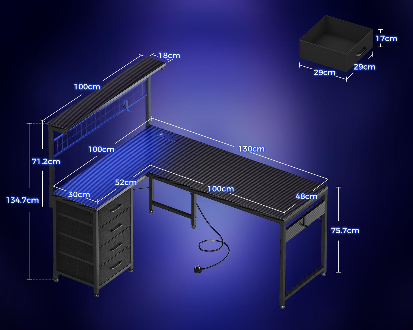 Coleshome L Shaped Gaming Desk with Drawers & Shelf, 130 × 100 cm