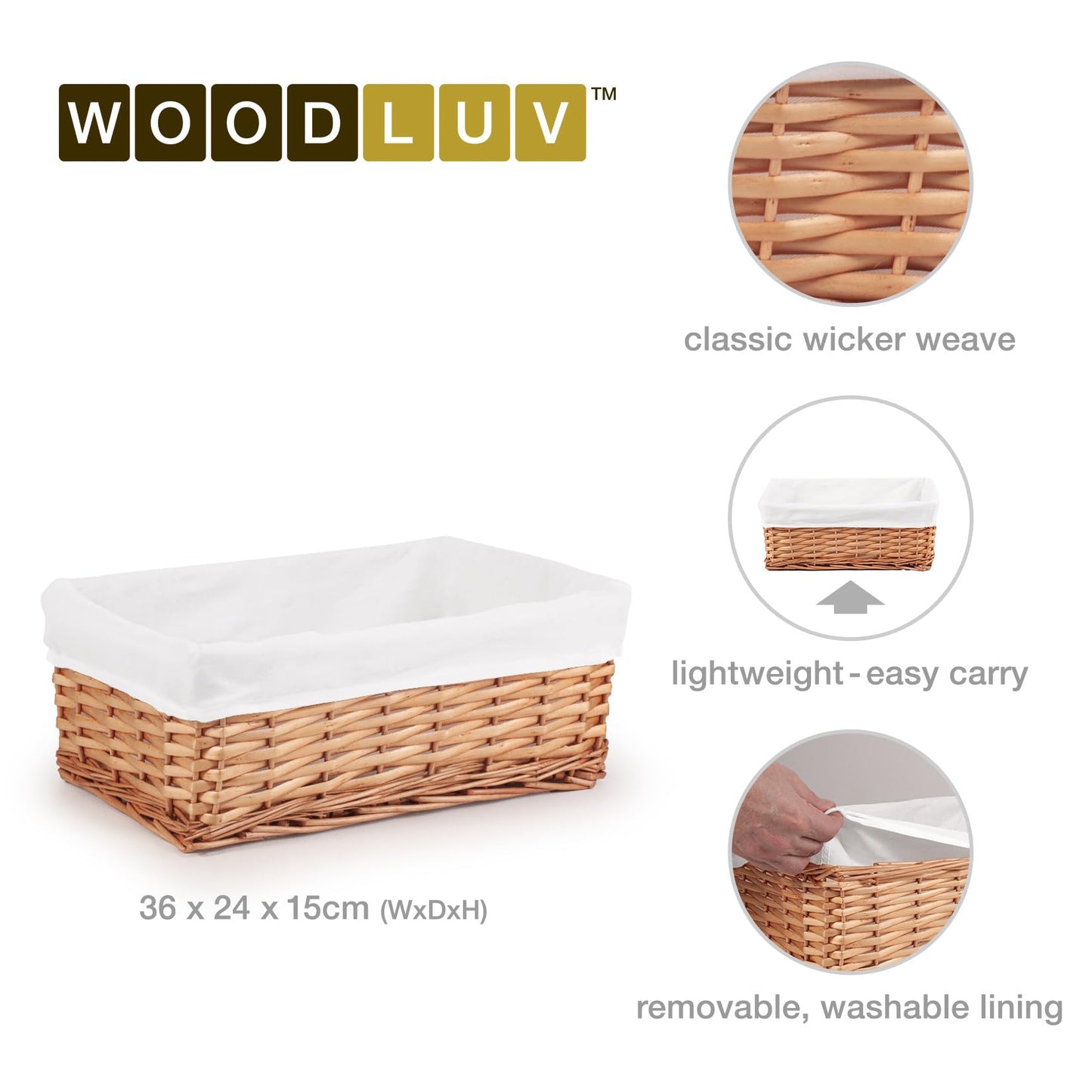 Woodluv Brown Wicker Storage Basket W/Off White Cloth Lining Xmas Hamper - Medium