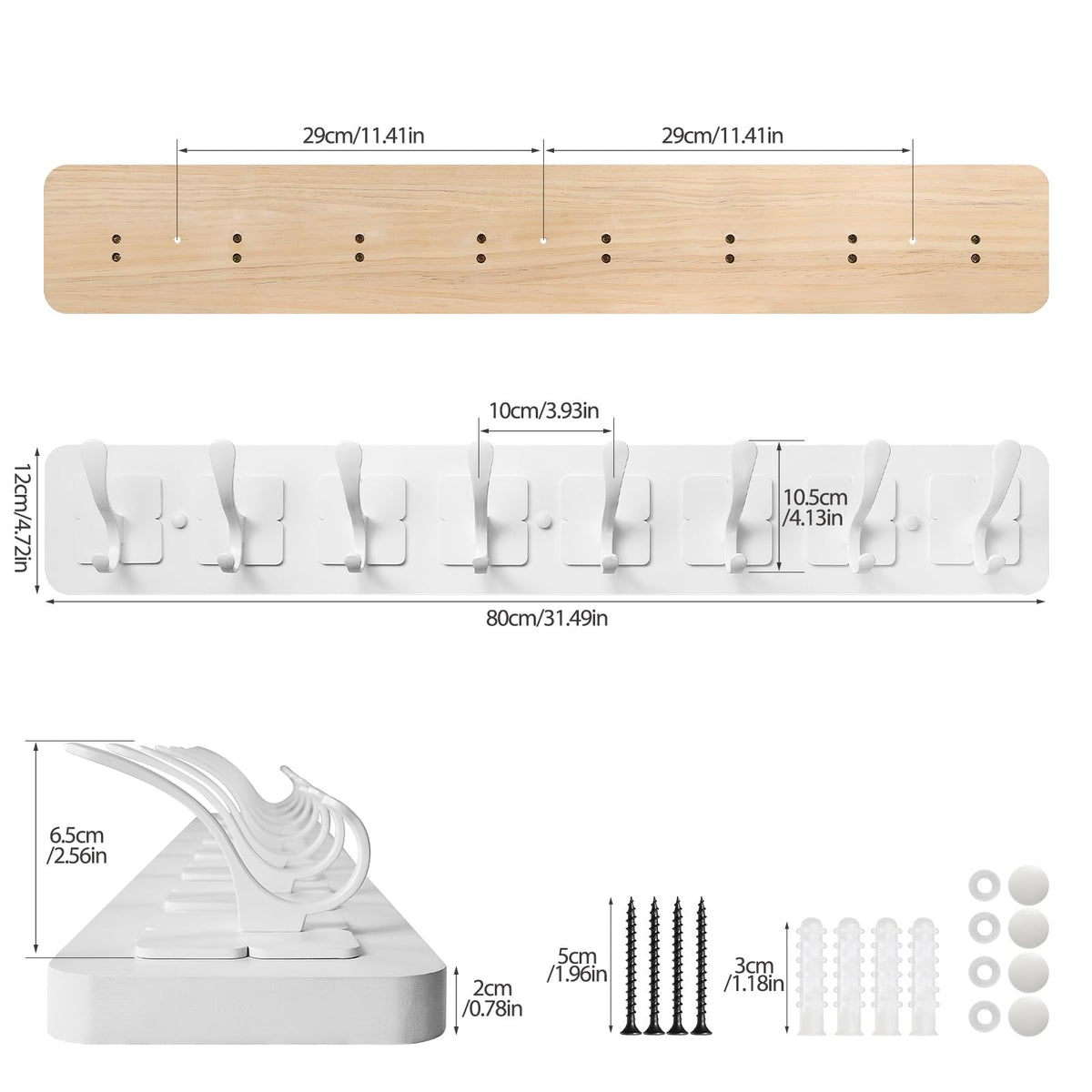 VIEBSOTG Coat Rack Wall Mounted,Wooden Wall Coat Rack with 8 Double Hooks for Hanging Coats,Hats,Jackets White, 8 Double Hooks
