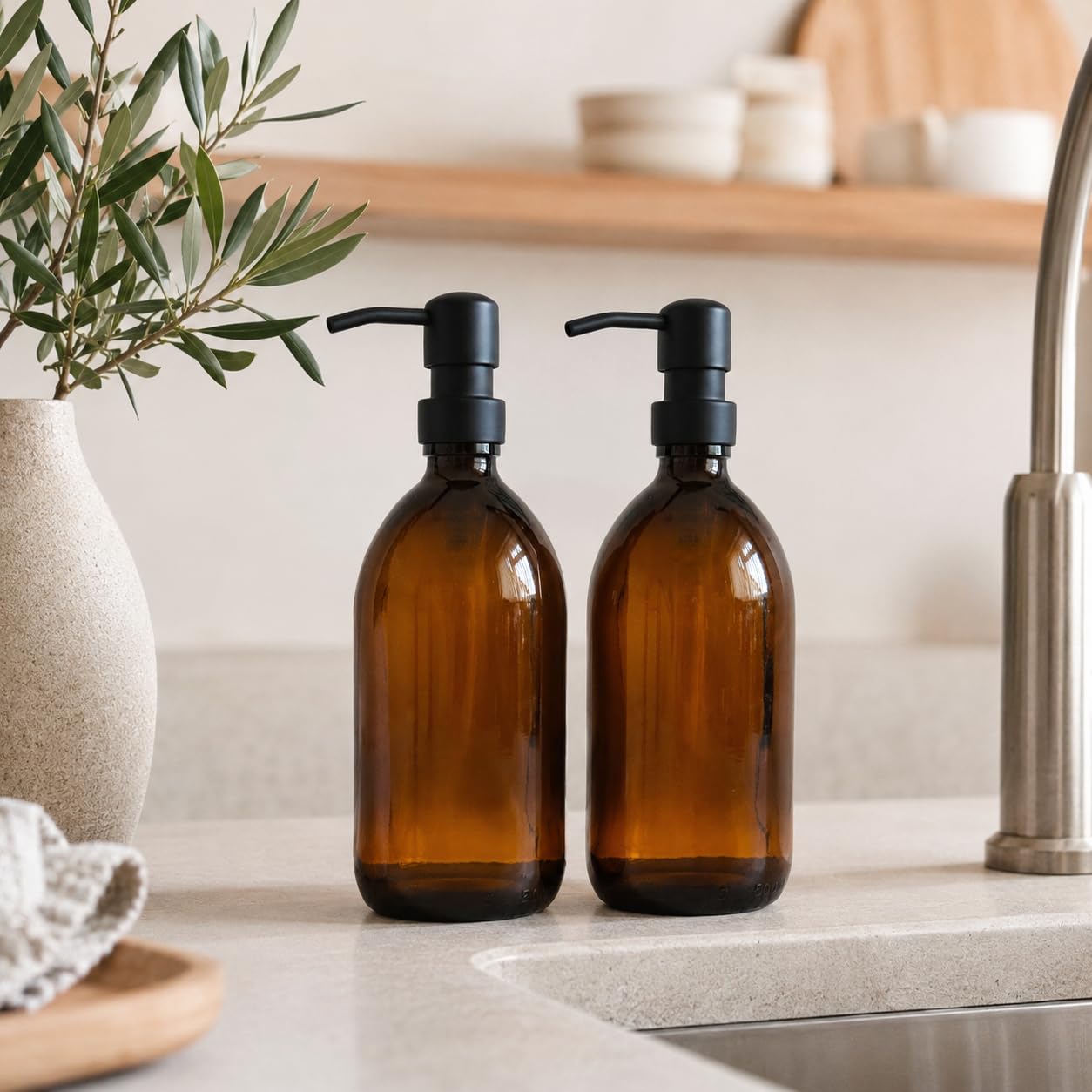 Amber Glass Bottles 500ml Soap Dispenser with Metal Pump (BPA-Free) Brown Glass Empty Soap Dispensers – Reusable Refillable Eco friendly