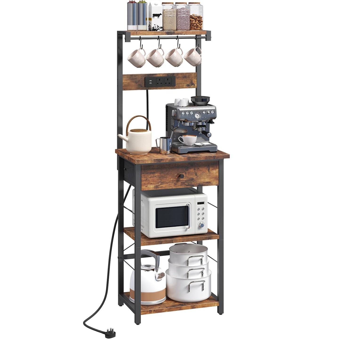 MAHANCRIS Bakers Rack, Microwave Stand, Coffee Bar Station, Kitchen Storage Shelf Rack with Drawer and Power Strip, 4 Hooks, for Kitchen, Living Room