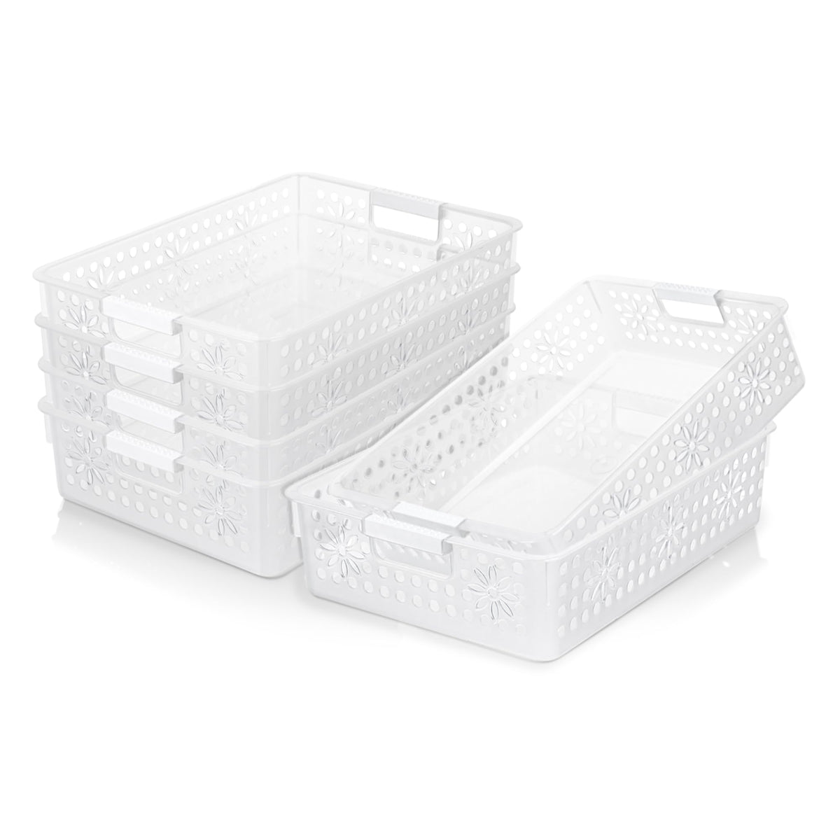 Cetomo Plastic Storage Box, Storage Baskets with Handle, Shelf Basket Organizer with Hole, Open Top Storage Bin for Home Kitchen Office, Transparent
