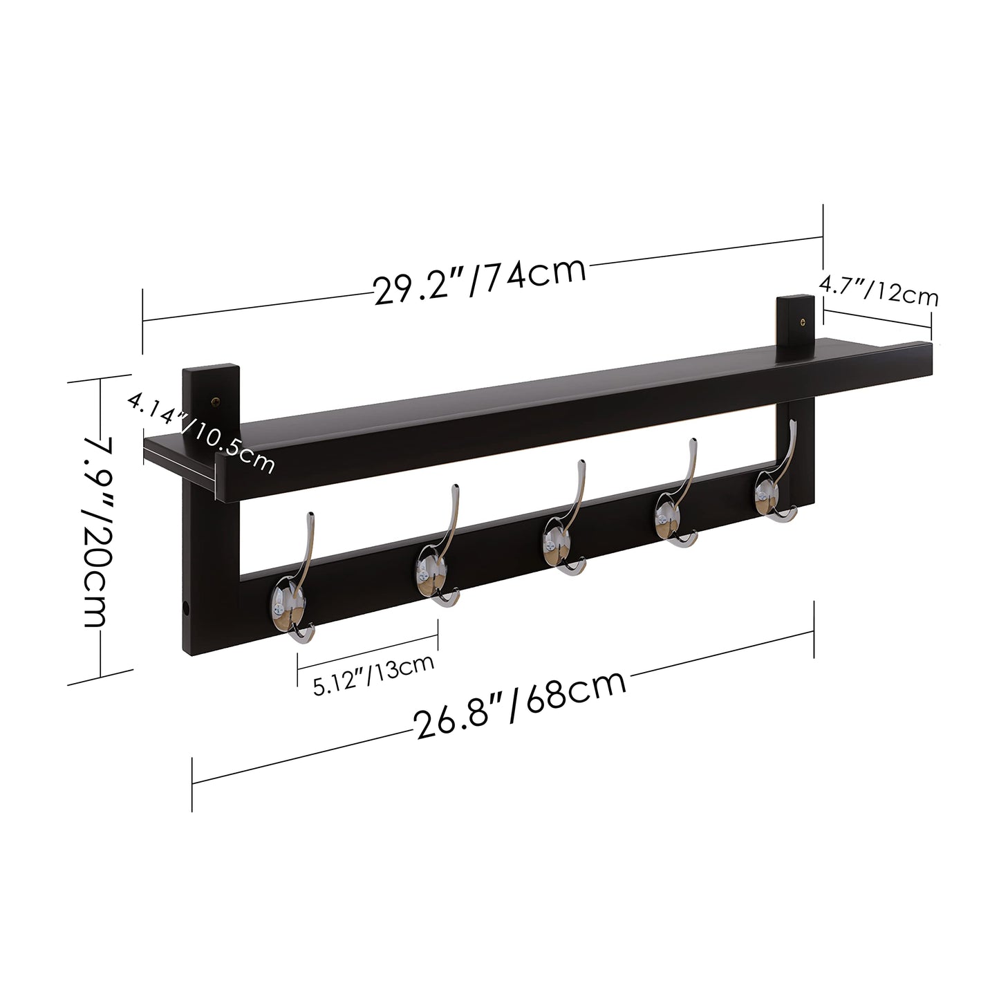 SMIBUY Coat Hooks with Shelf Wall-Mounted, 74 cm Entryway Coat Rack for Wall, Bamboo Hanging Shelf with 5 Double Metal Hooks for Bathroom, Bedroom