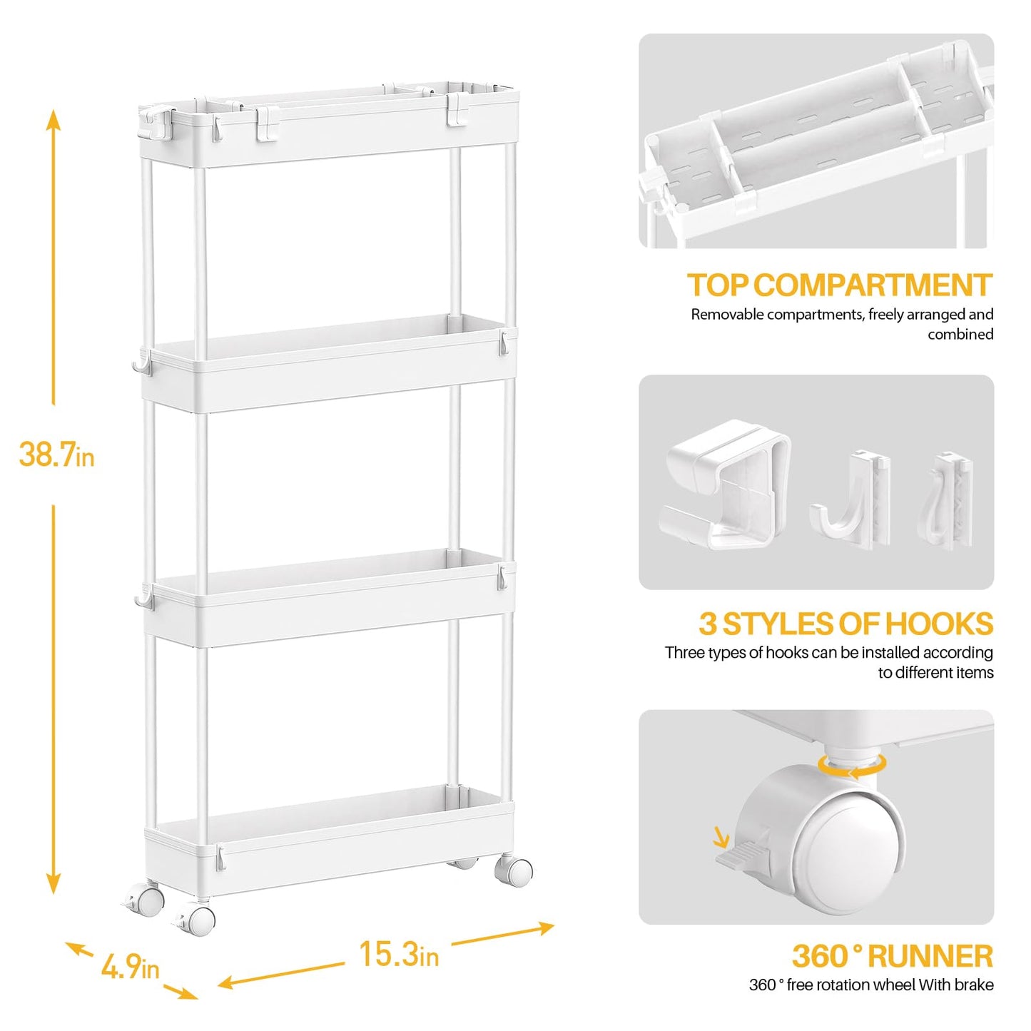 SAKA Slim Storage Cart,4 Tier Bathroom Rolling Utility Cart Storage Organizer Slide Out Cart