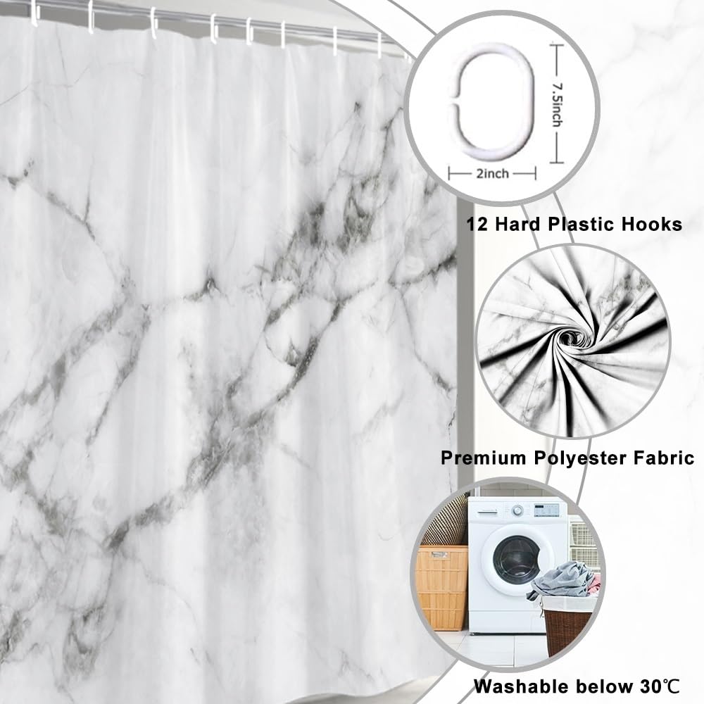 Uiiooazy White Marble Shower Curtain, Grey Effect Modern Bath Curtain Mildew and Mould Resistant Waterproof Polyester Fabric Washable Opaque Shower