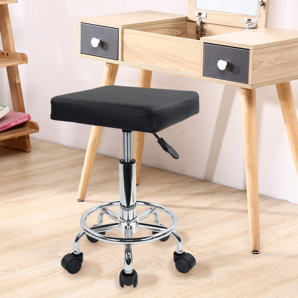 KKTONER Square Rolling Stool with Foot Rest PU Leather Height Adjustable Spa Drafting Salon Tattoo Work Swivel Stools Task Chair Small (Black)
