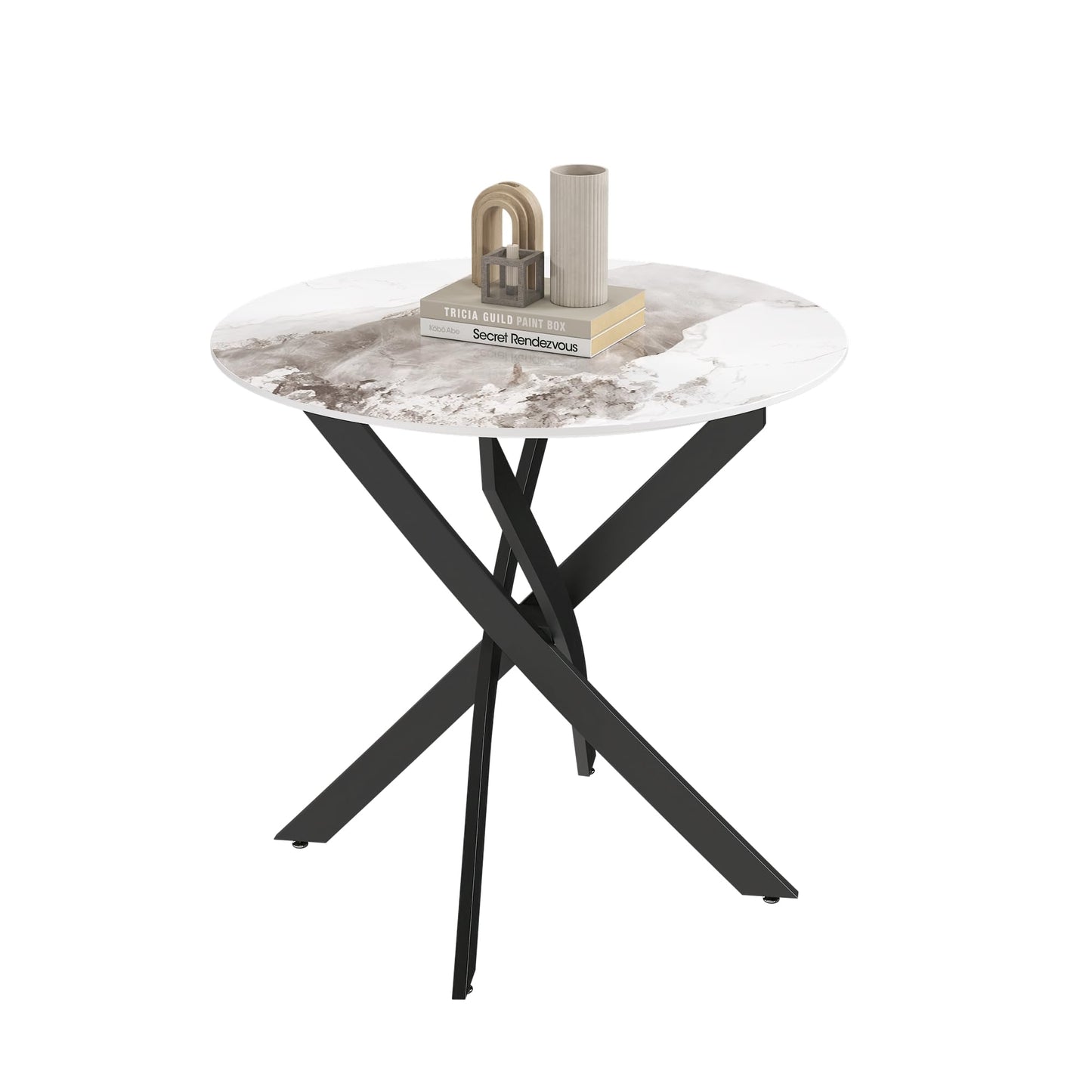 GOLDFAN Round Dining Table 80cm High Gloss White Marble Kitchen Table with Black Metal legs for Dining Room, Office, Apartment