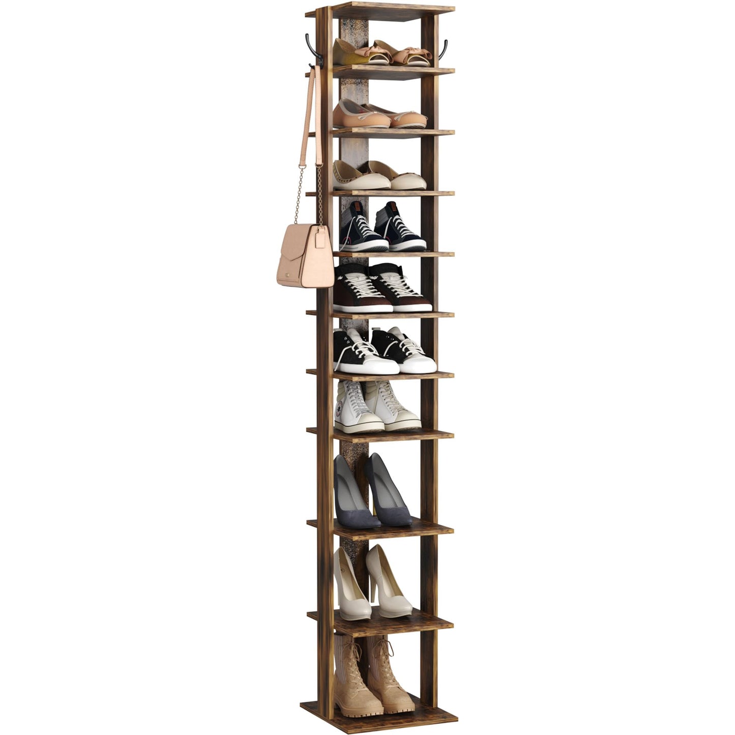 HOME BI 11-Tier Vertical Shoe Rack, Corner Shoe Tower, Slim Shoe Organizer with Two Hanging Hooks, Wooden Shoe Storage Stand for Entryway, Hallway