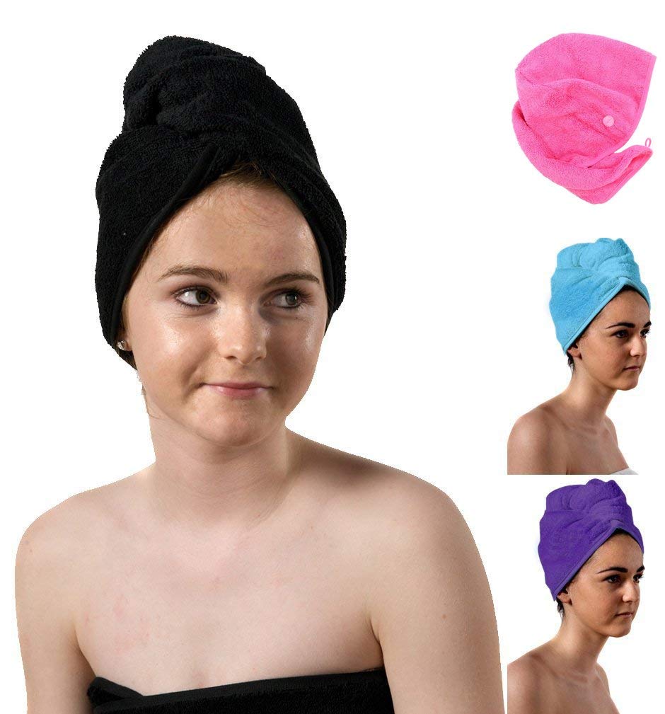 aztex Luxury Hair Turban Towel, Head Wrap Towel, Hair Drying Towel with Loop and Button Fastener, Luxury Absorbent and Lightweight Cotton