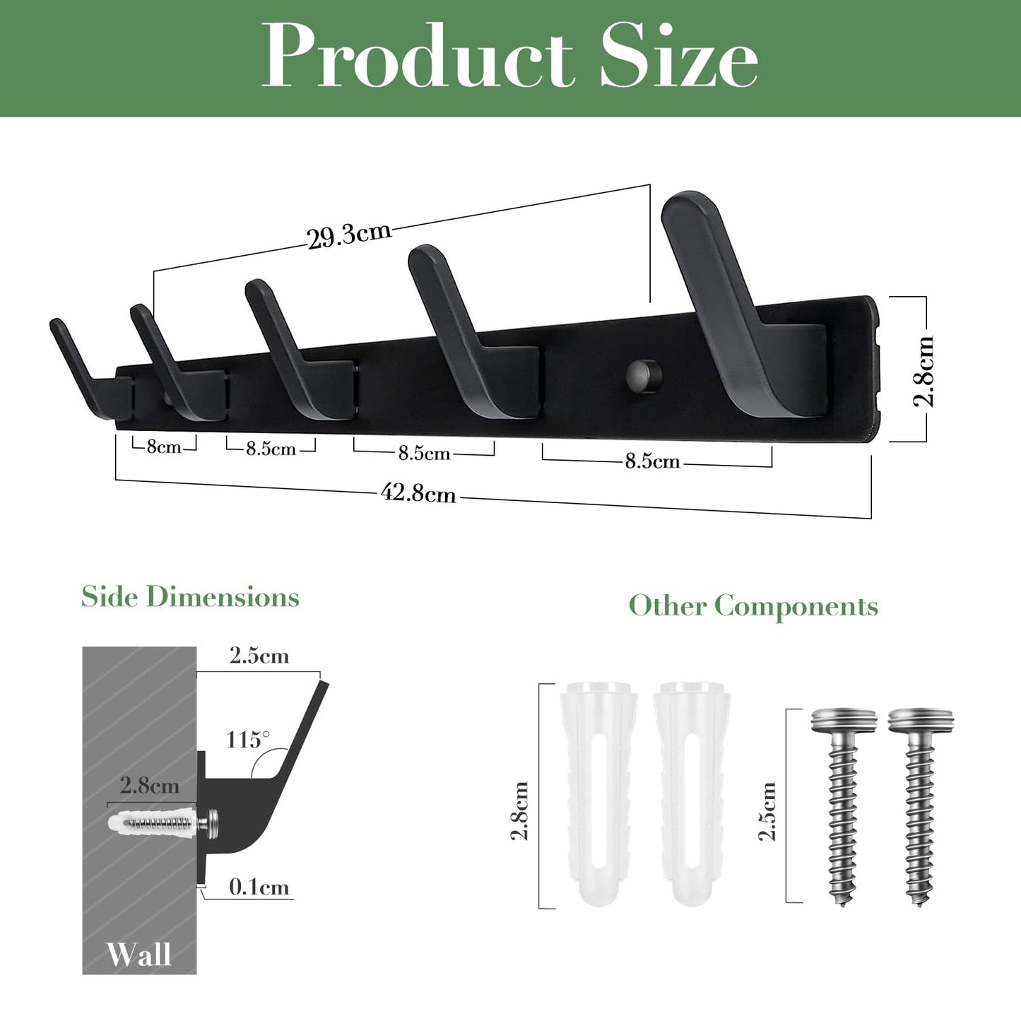 Sevenpers 2 Pack Coat Hooks Wall Mounted, Heavy Duty Coat Rack with 5 Hooks