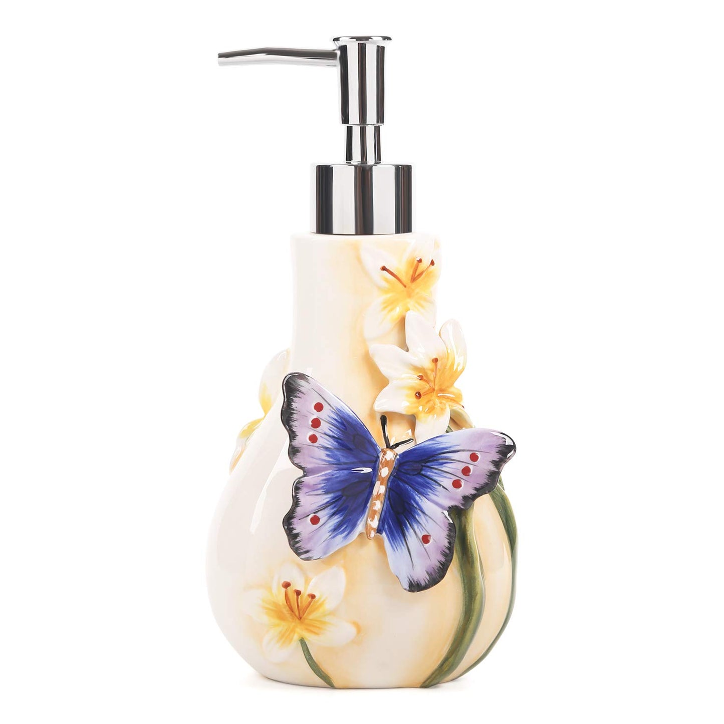 FORLONG Ceramic Soap Dispenser, 3D Hand-Painted Butterfly and Lilies Flower Lotion Dispenser, Bathroom Accessories