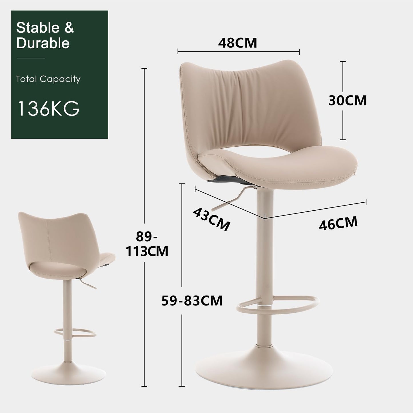 YOUNUOKE Bar Stools Set of 2, Adjustable Breakfast Bar Stools, All Khaki