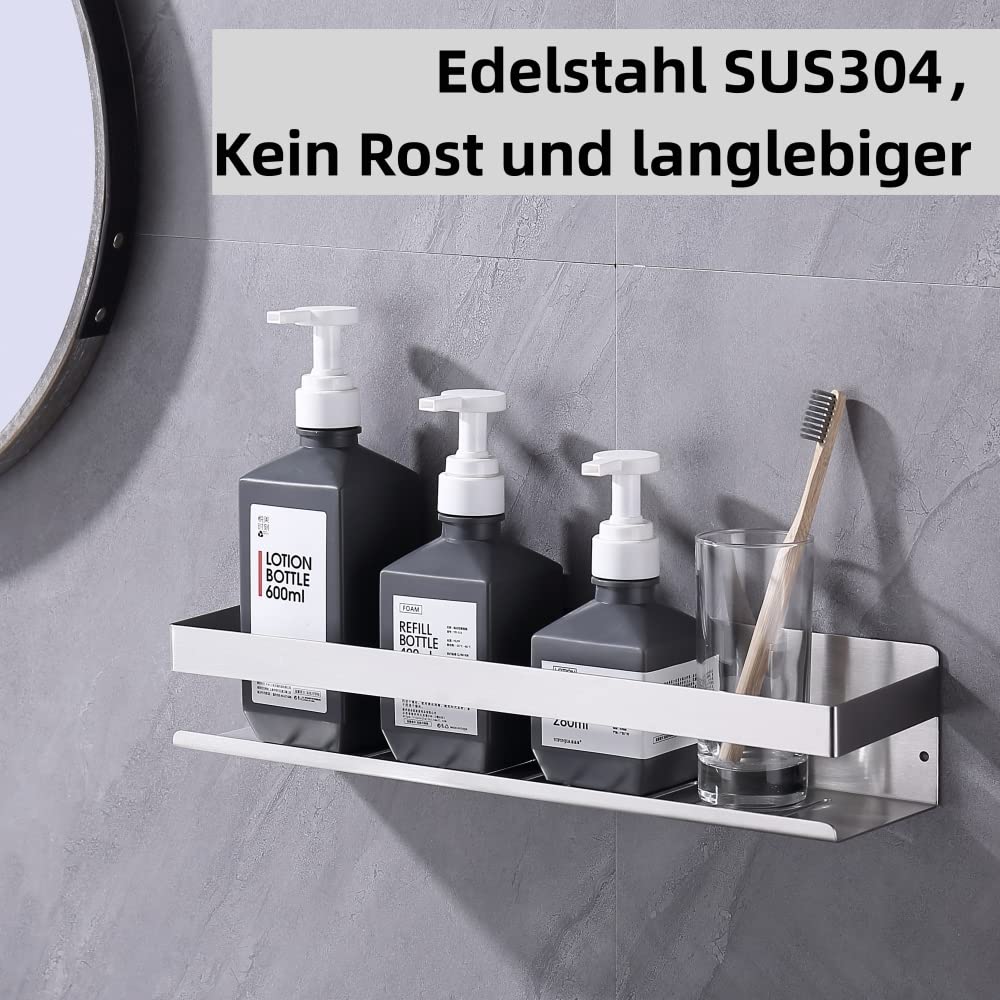 HomeHeng Shower Shelf Self Adhesive, Stick on Bathroom Shelf Wall Mounted, 40cm/15.8in SUS304 Stainless Steel Shower Caddy Two Installation Methods