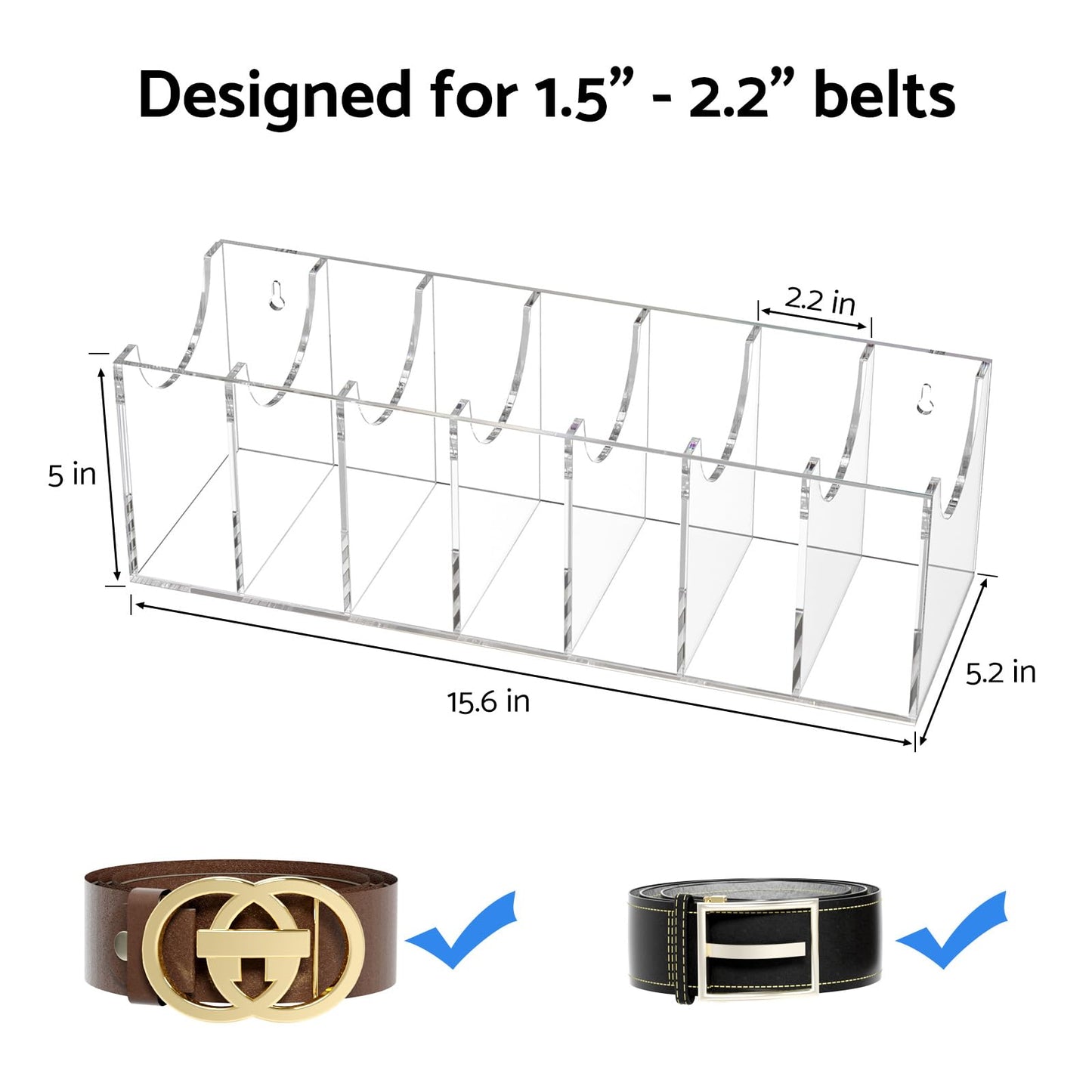 FEMELI Acrylic 7 Compartment Belt Organizer, Clear Belt Display Case for Closet Tie and Bow Tie