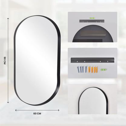 LunaMirror Wall Mirror Oval 60x90 CM Wall-Mounted Bathroom Vanity Mirror Stylish Black Mirror Wall Decor Rectangle Wall Hanging Mirror with Curved