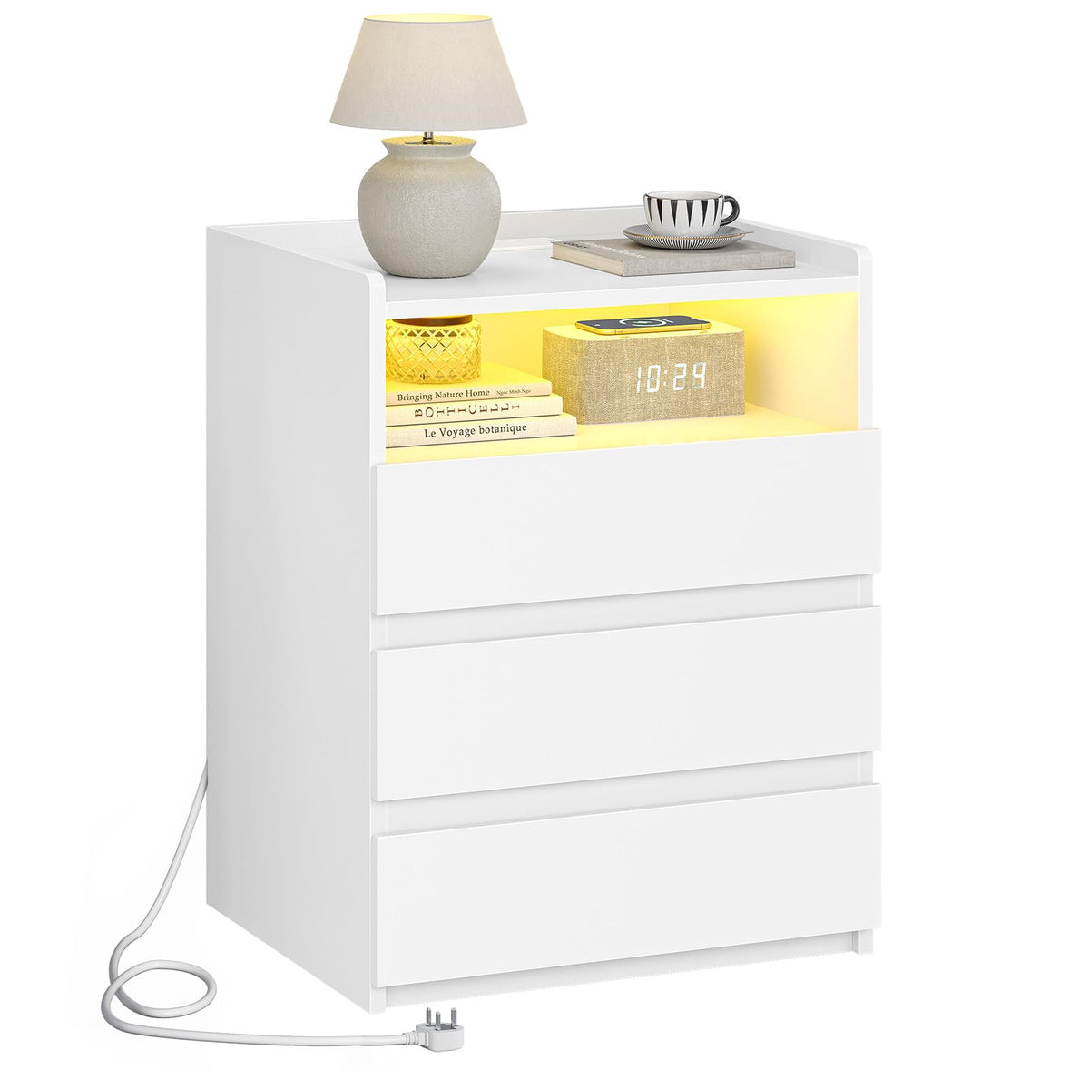AOGLLATI Bedside Cabinet with LED Lights Bedside Table with Charging Station|3 Drawers and 1 Compartment |2 AC and 2 USB Ports Side Table for Living