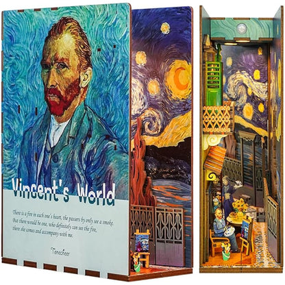 Tonecheer DIY Book Nook Kit Wooden Model Kit 3D Puzzle for Adults to Build Miniature House Craft Kit Booknooks Kits with Light Book Shelf Decor Christmas Birthday Gifts(Vincent's World)