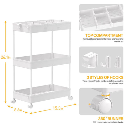 SAKA Slim Storage Cart 3 Tier, Bathroom Storage Organizer Rolling Utility Cart, Slide Out Storage Cart
