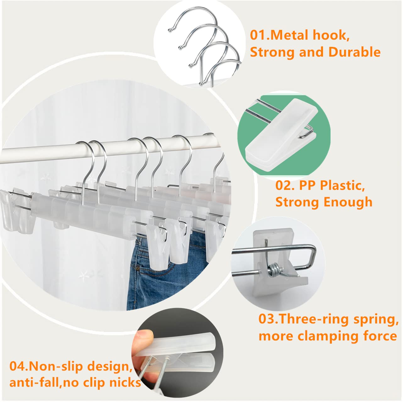 Lamitocs Pack of 10 Clothes Hangers with Strong Non-Slip Adjustable Clips Hooks, Space-Saving Trouser Hangers for Hanging Trousers, Socks, Skirts