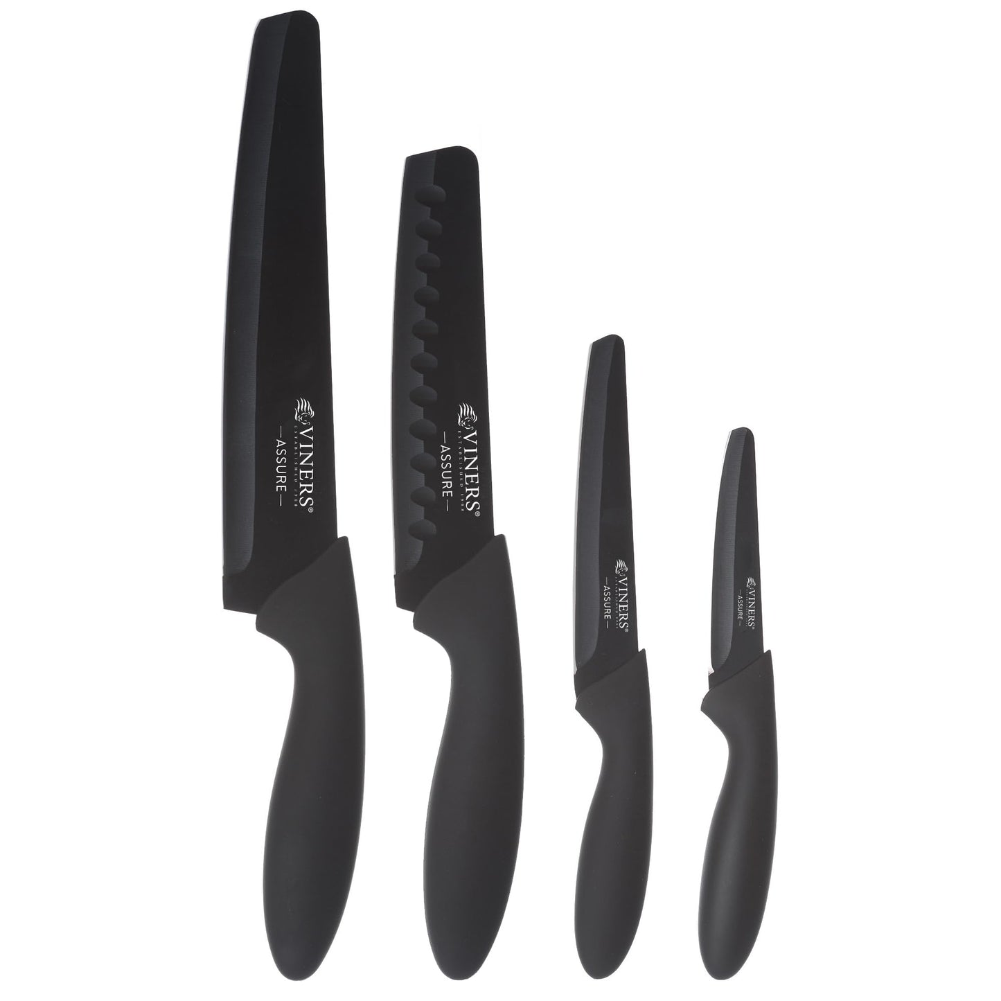 Viners Assure 4 Piece Knife Set Stainless Steel Blades with Squared Tips for Safety, Soft Grip Handles, Non-Stick Coating, Rust-Resistant, Includes