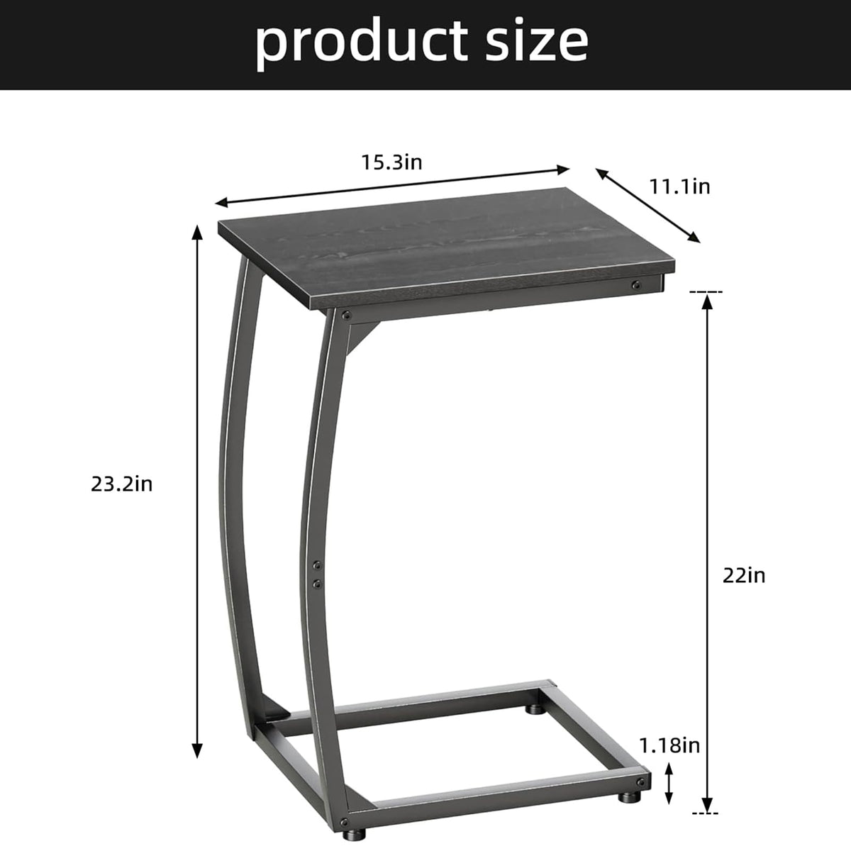 LAKEMID C Shaped End Table,Under Sofa Side Table,Couch Table for Small Spaces,TV Tray Table for Living Room Black