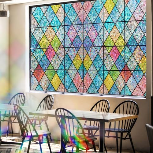 Beautysaid Rainbow Privacy Window Film: Stained Glass, No-Glue Frosted Window Film, Static Cling Film (Multicolor, 60x1000cm