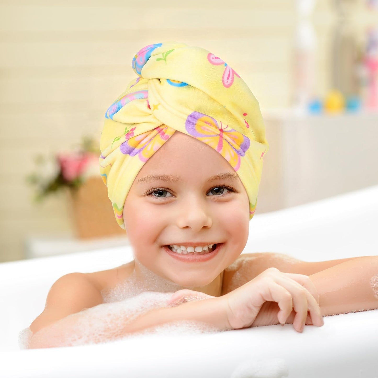WAWSAM 2 Pack Kids Hair Towel Wrap for Girls, Microfibre Hair Turban Towel Fast Drying, Butterfly Hair Towel Wrap with Elastic Strap for Long Hair