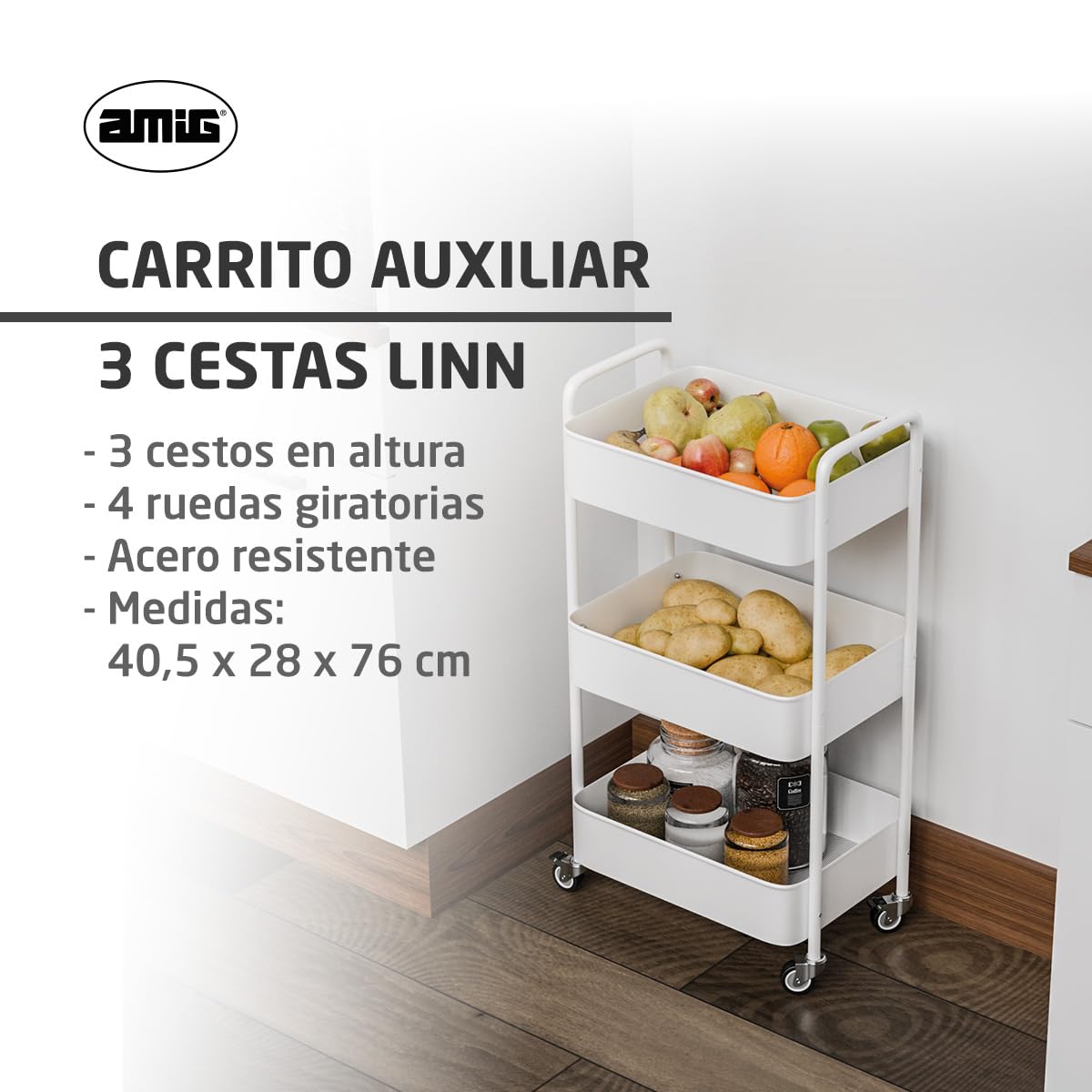 Amig – 3‑Tier kitchen trolley with castors Mod. LINN – Auxiliary steel shelving – White – Multipurpose trolley for kitchen, bathroom or office