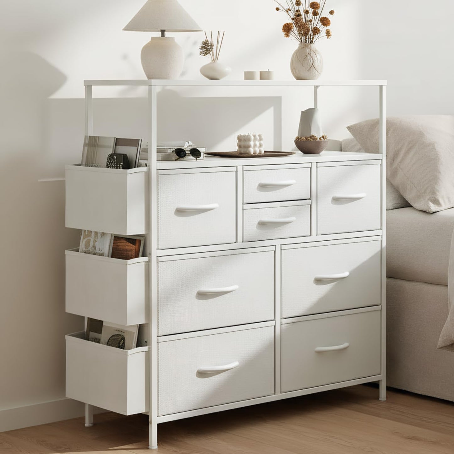 Feonase Chest of Drawers Bedroom, 8 Drawer Fabric Dresser with Wood Top, Open Storage Shelf, 3 Side Pockets & Metal Frame
