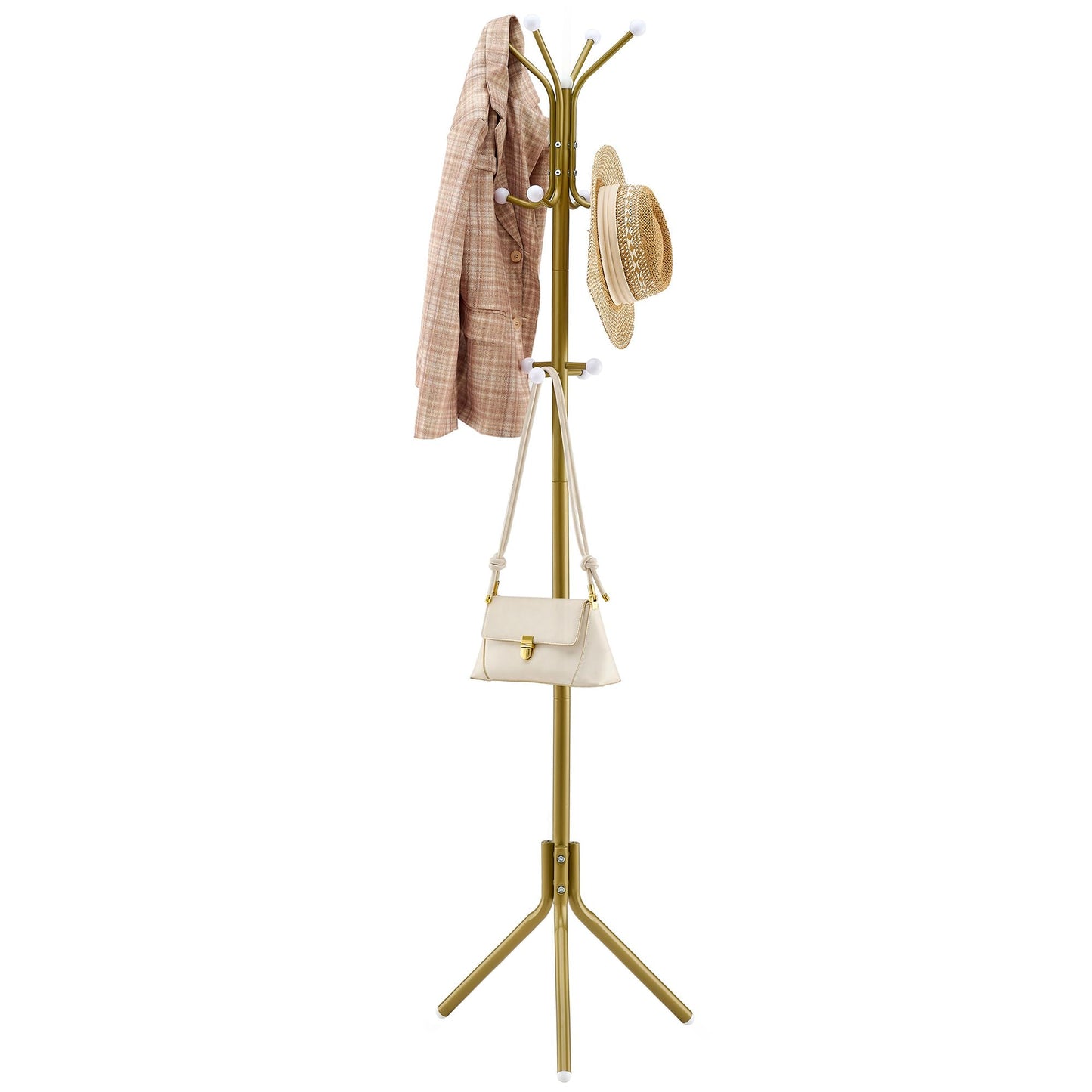 Hoctieon Freestanding Coat Hanger Stand with 12 Hooks, Entryway Hall Tree, Floor Standing Coat Rack, Gold