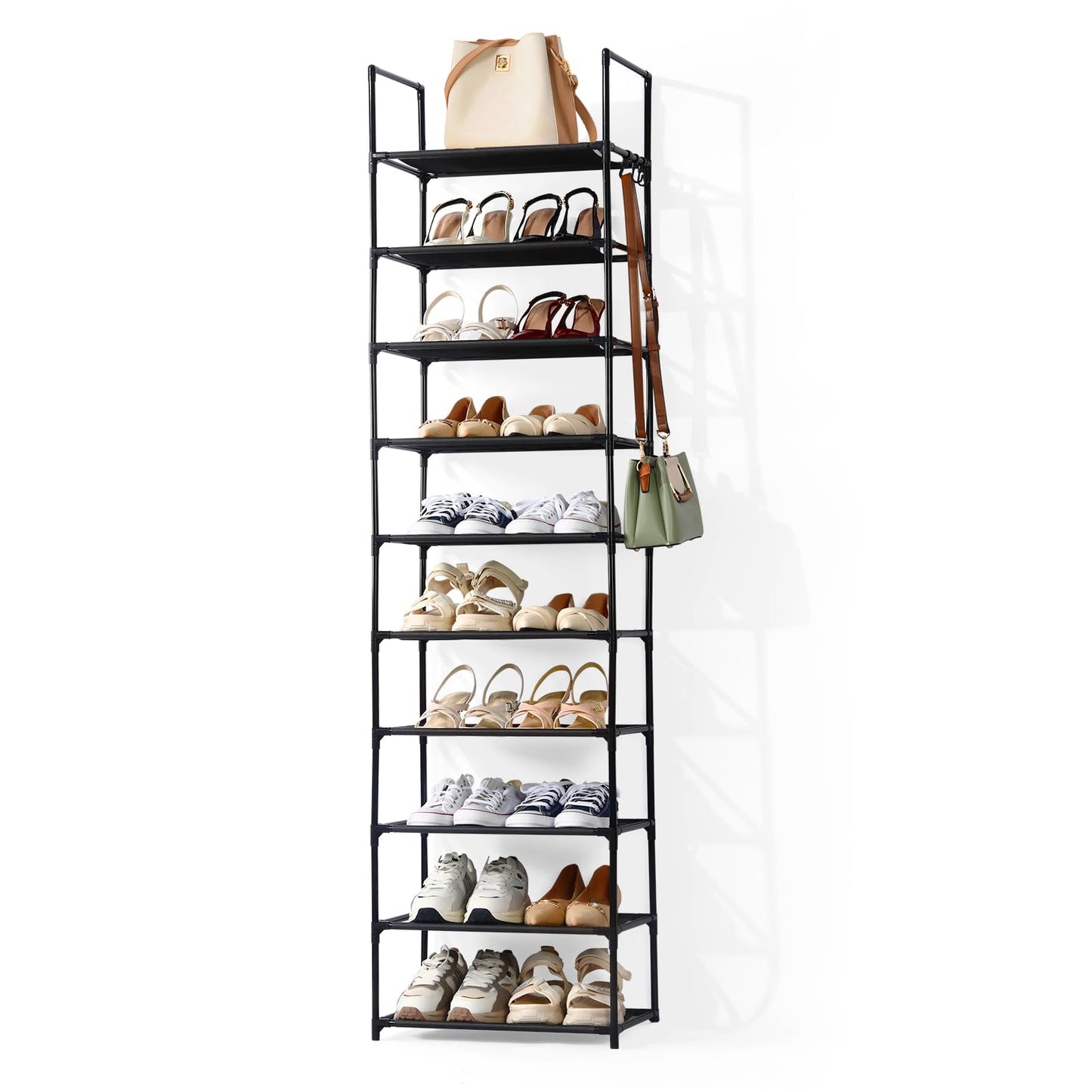 Shoe Rack, 10-Tier Tall Shoe Storage Organiser with Hooks, Holds 20 Pairs
