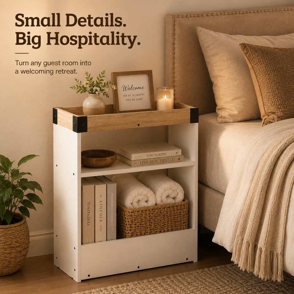 ZEXVIDA Narrow Side Table, 8" Slim End Table with Tray Top, Oak & White
