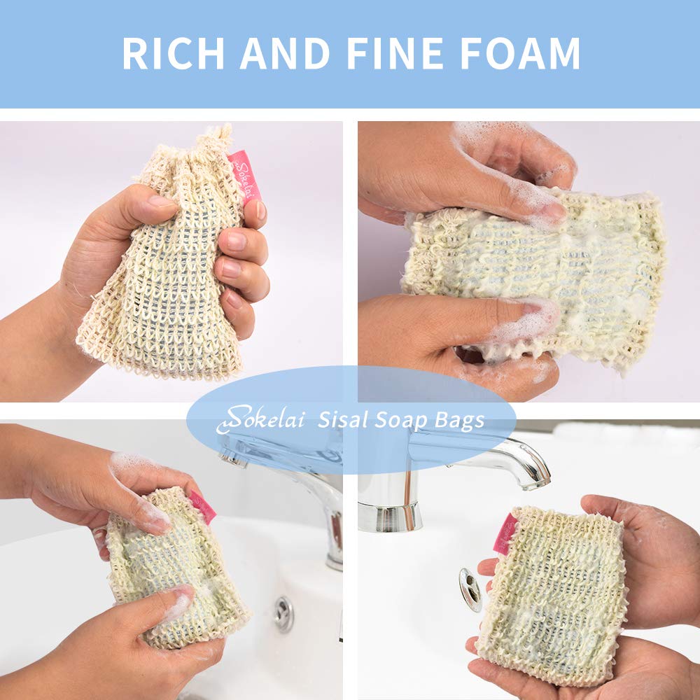 Natural Exfoliating Sisal Soap Bag 6 Packs Soap Protection Bag Saver Pouch Soap Sack Made from Sisal Ramie Fiber with Drawstring for Facial Body