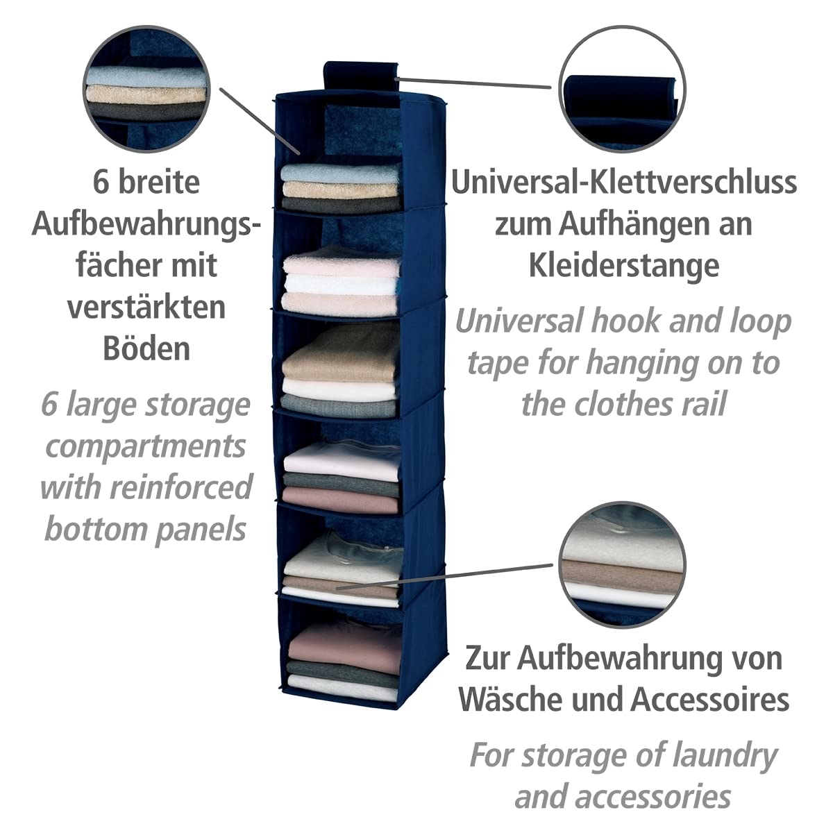 WENKO 4374120100 Laundry organiser Air - 6 compartments, air-permeable, Polypropylene, 30 x 120 x 30 cm, Blue