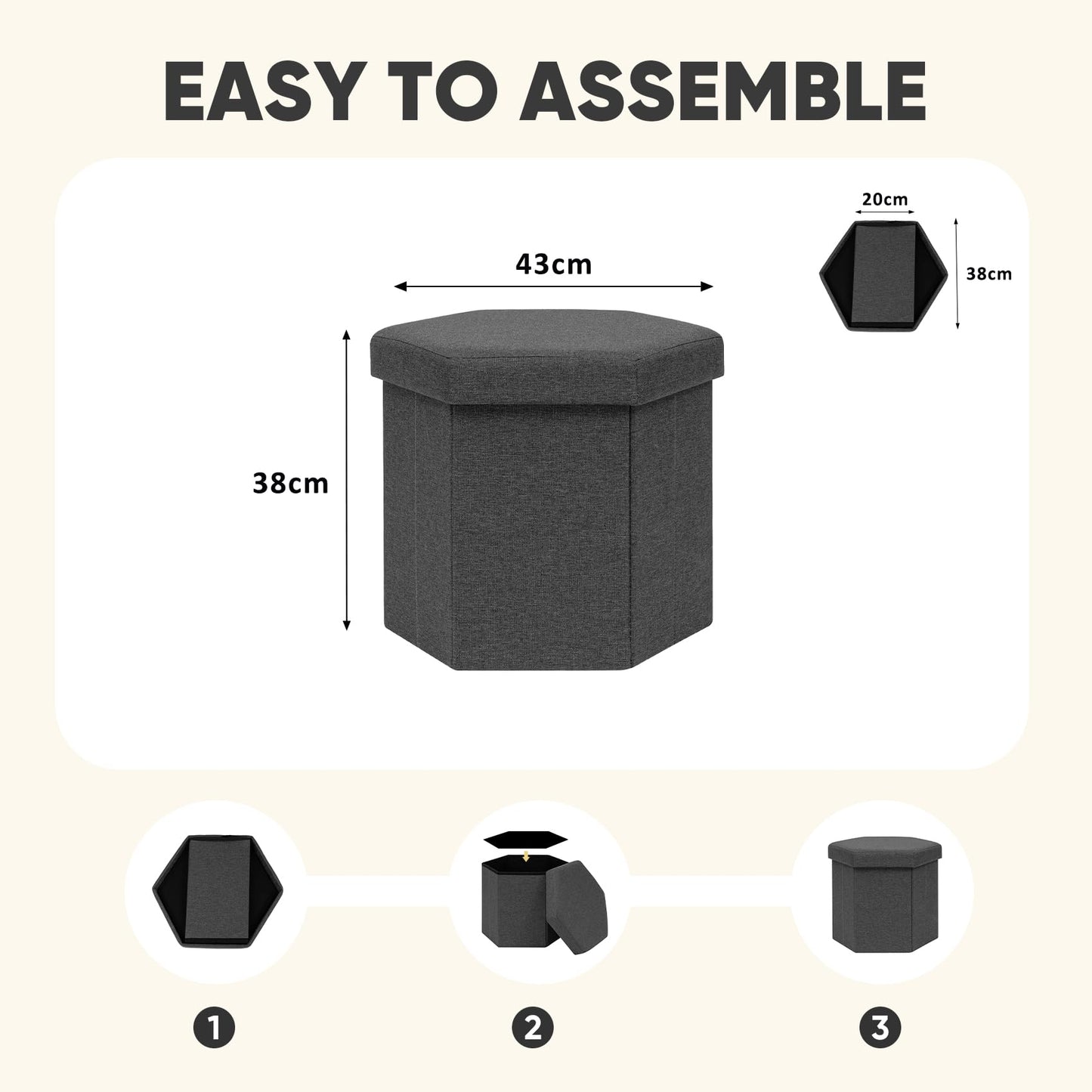 PINPLUS Folding Storage Ottoman, Linen Hexagonal Footrest, Dark Grey
