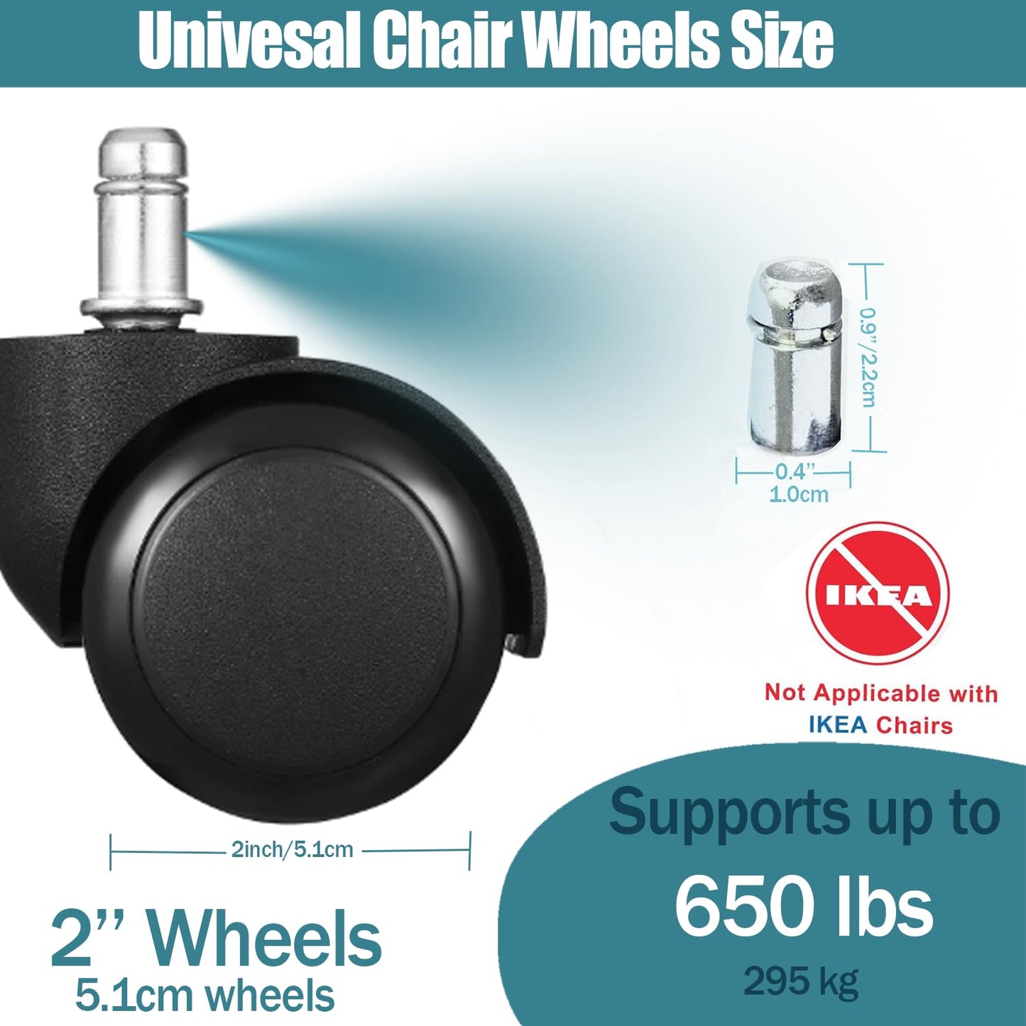 2" Office Chair Wheels Rotating Desk Chair Replacement Wheels Casters Universal Standard Sterm size Fits 5 Counts