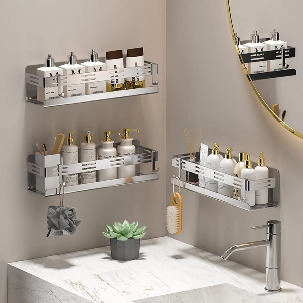 Celbon 30CM Chrome Shower Caddy No Drilling Self Adhesive Stainless Steel Bathroom Shelf Organiser with 2 Hooks Shower Shelf Kitchen Organiser